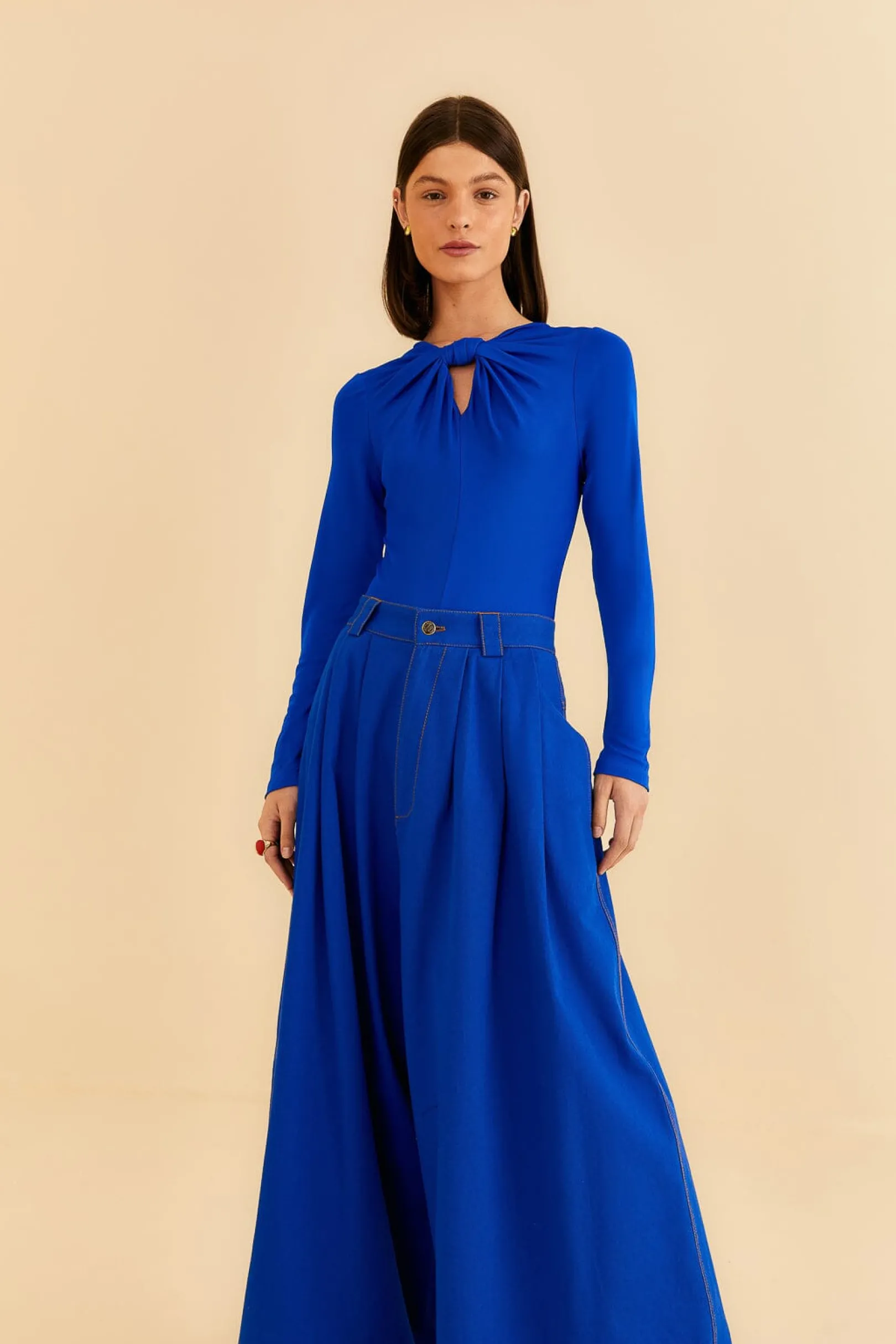 FARM Rio BLUE CANVAS MAXI PLEATED PANTS Cheap