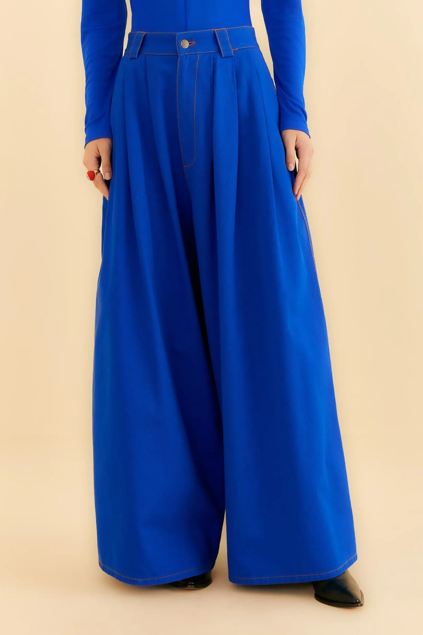 FARM Rio BLUE CANVAS MAXI PLEATED PANTS Cheap