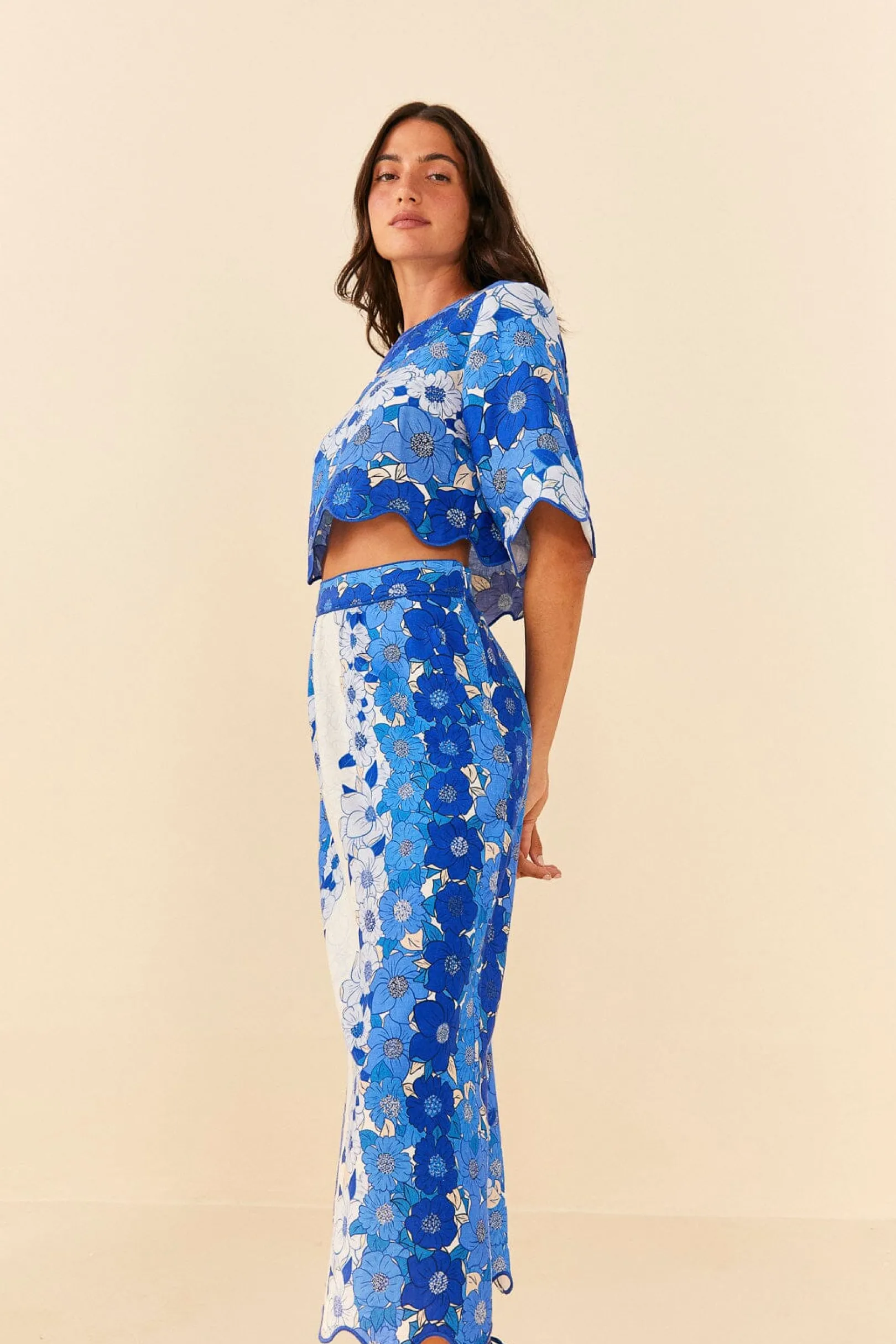 FARM Rio BLUE FLOWER STRIPES MIDI SKIRT Discount