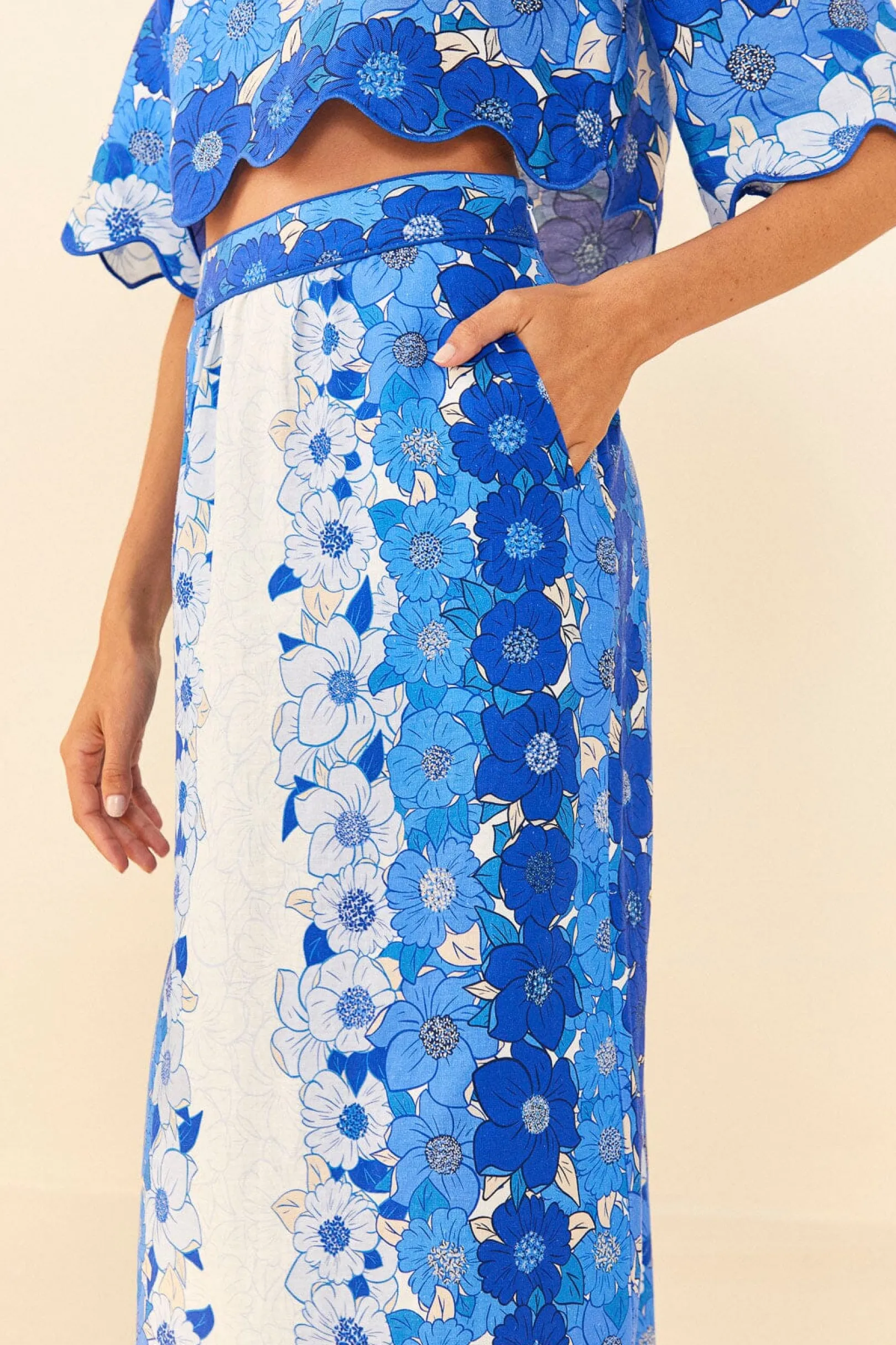 FARM Rio BLUE FLOWER STRIPES MIDI SKIRT Discount