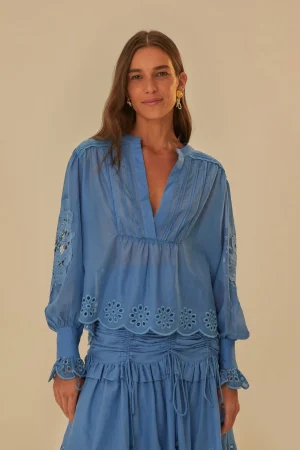FARM Rio BLUE LONG SLEEVE ORGANIC COTTON BLOUSE Best