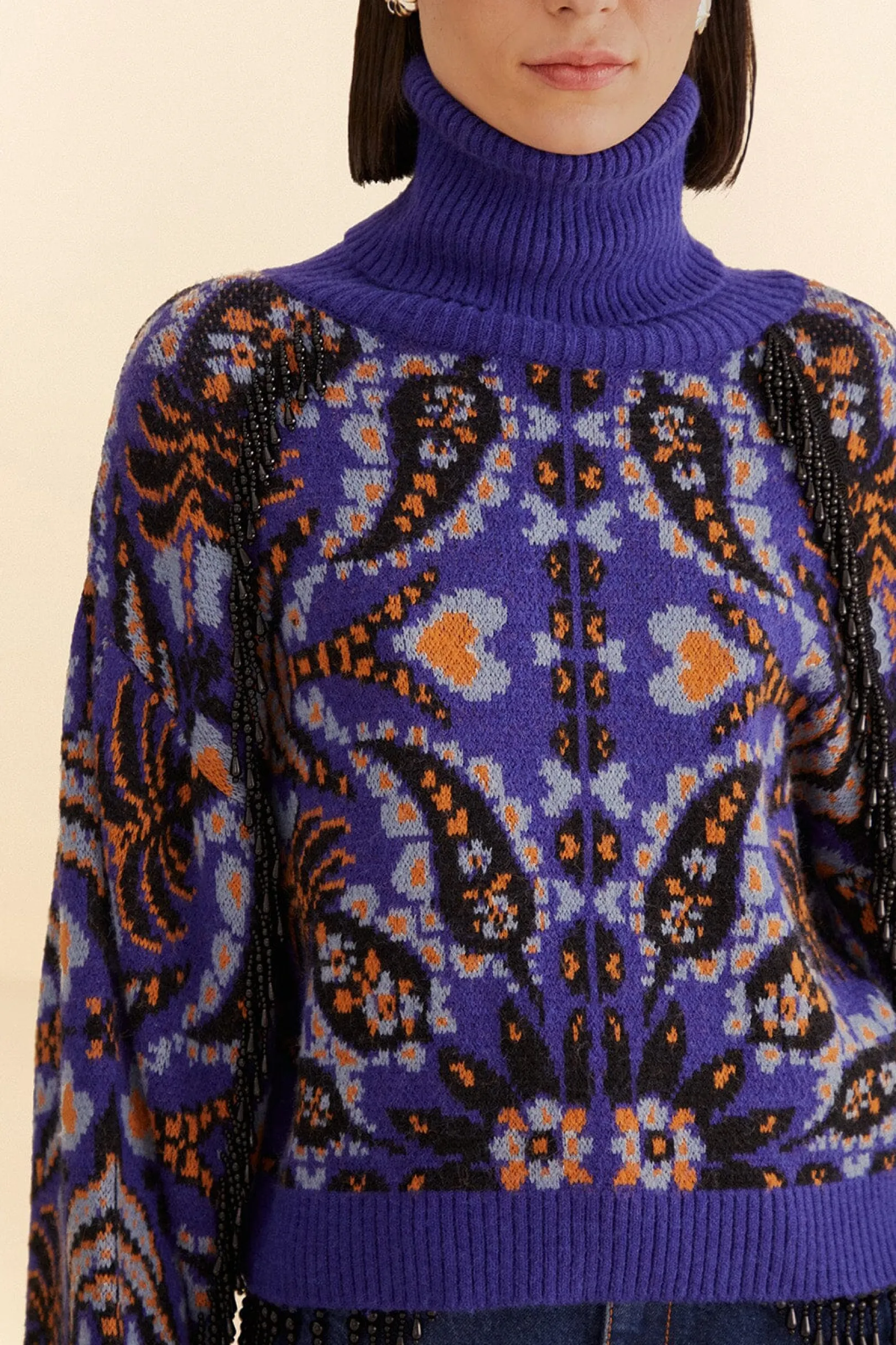 FARM Rio BLUE MARTINA SCARF SEQUIN EMBROIDERED KNIT CARDIGAN Store