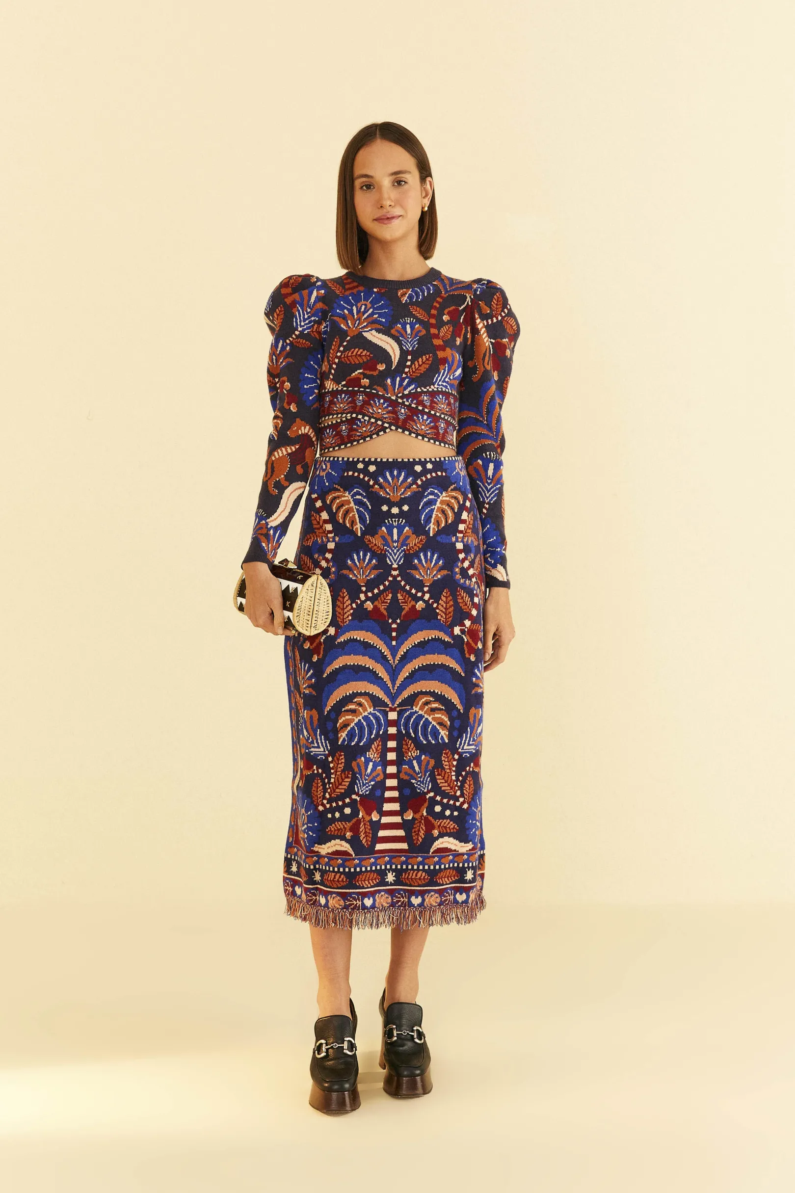FARM Rio BLUE NATURE BEAUTY SCARF KNIT MIDI SKIRT Outlet