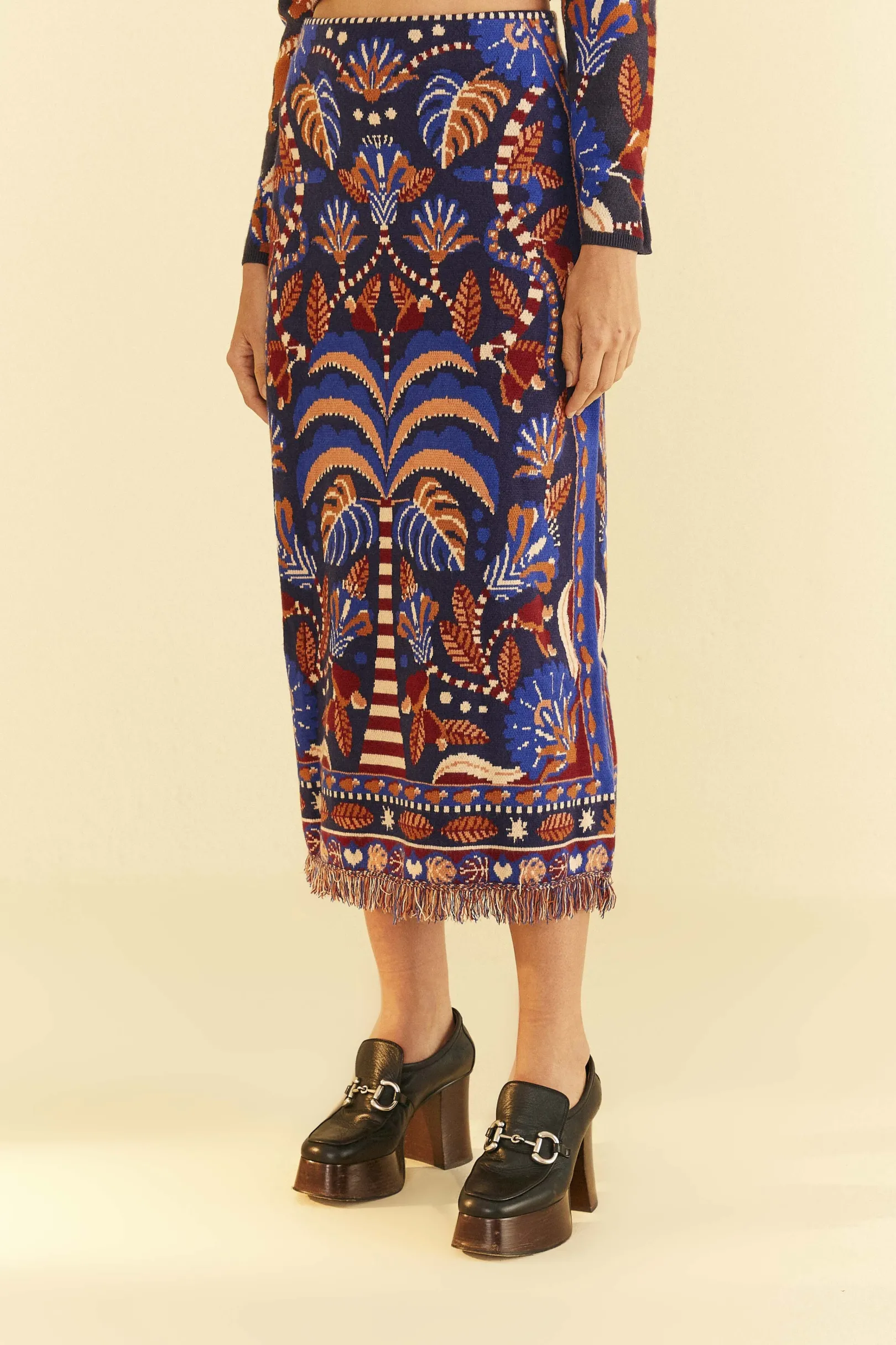 FARM Rio BLUE NATURE BEAUTY SCARF KNIT MIDI SKIRT Outlet
