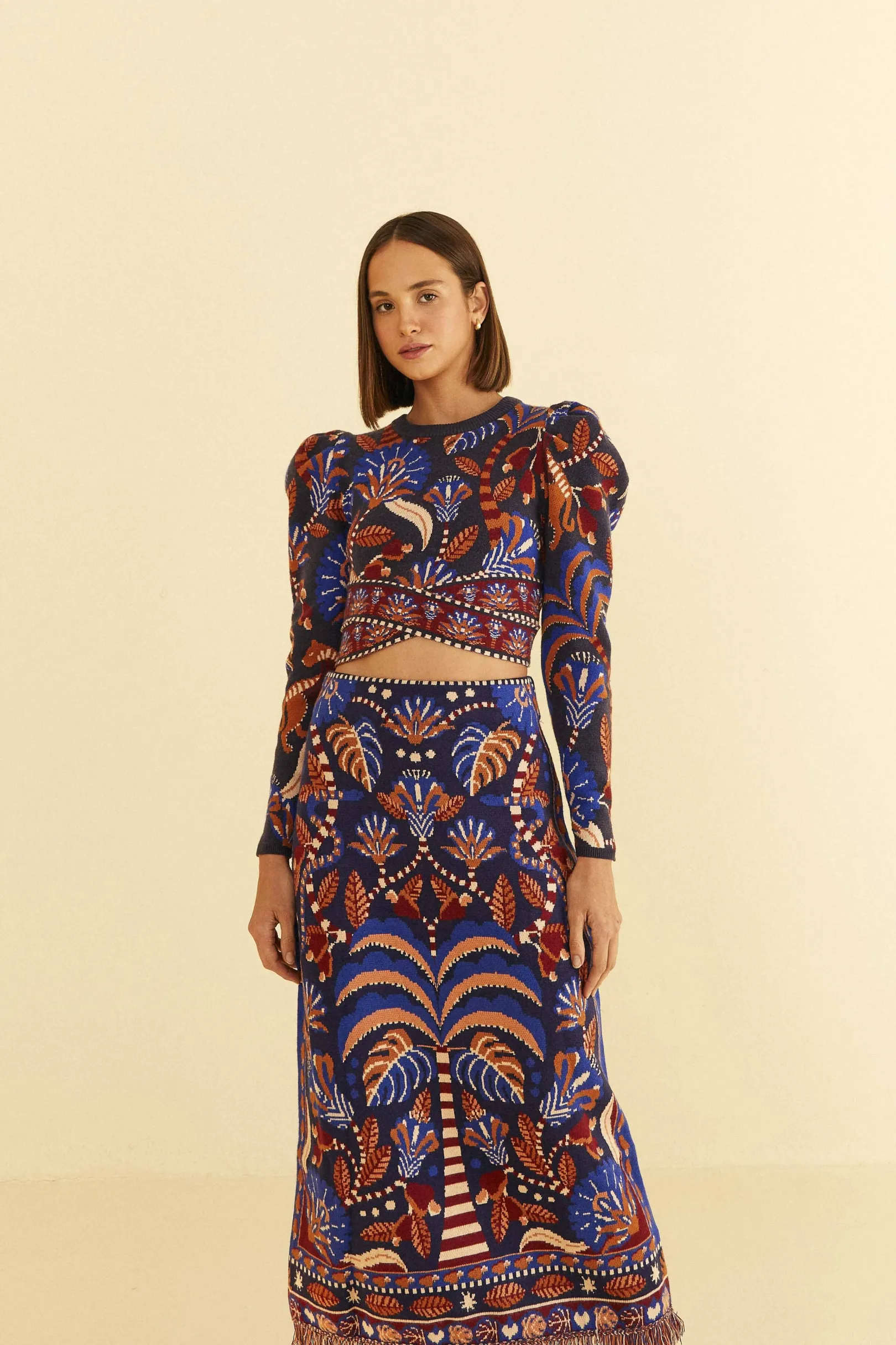 FARM Rio BLUE NATURE BEAUTY SCARF KNIT MIDI SKIRT Outlet