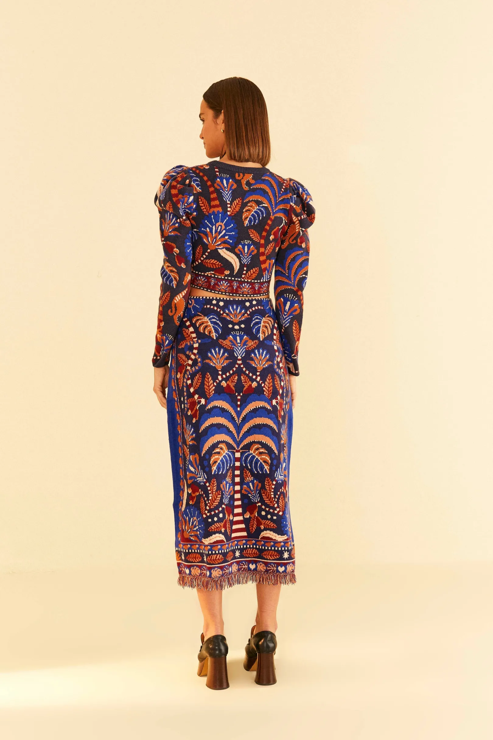 FARM Rio BLUE NATURE BEAUTY SCARF KNIT MIDI SKIRT Outlet