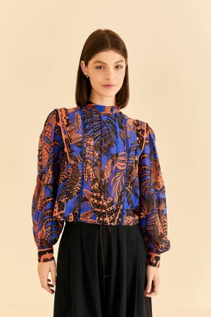 FARM Rio BLUE TROPICAL GOLD PLEATED LONG SLEEVE BLOUSE Sale