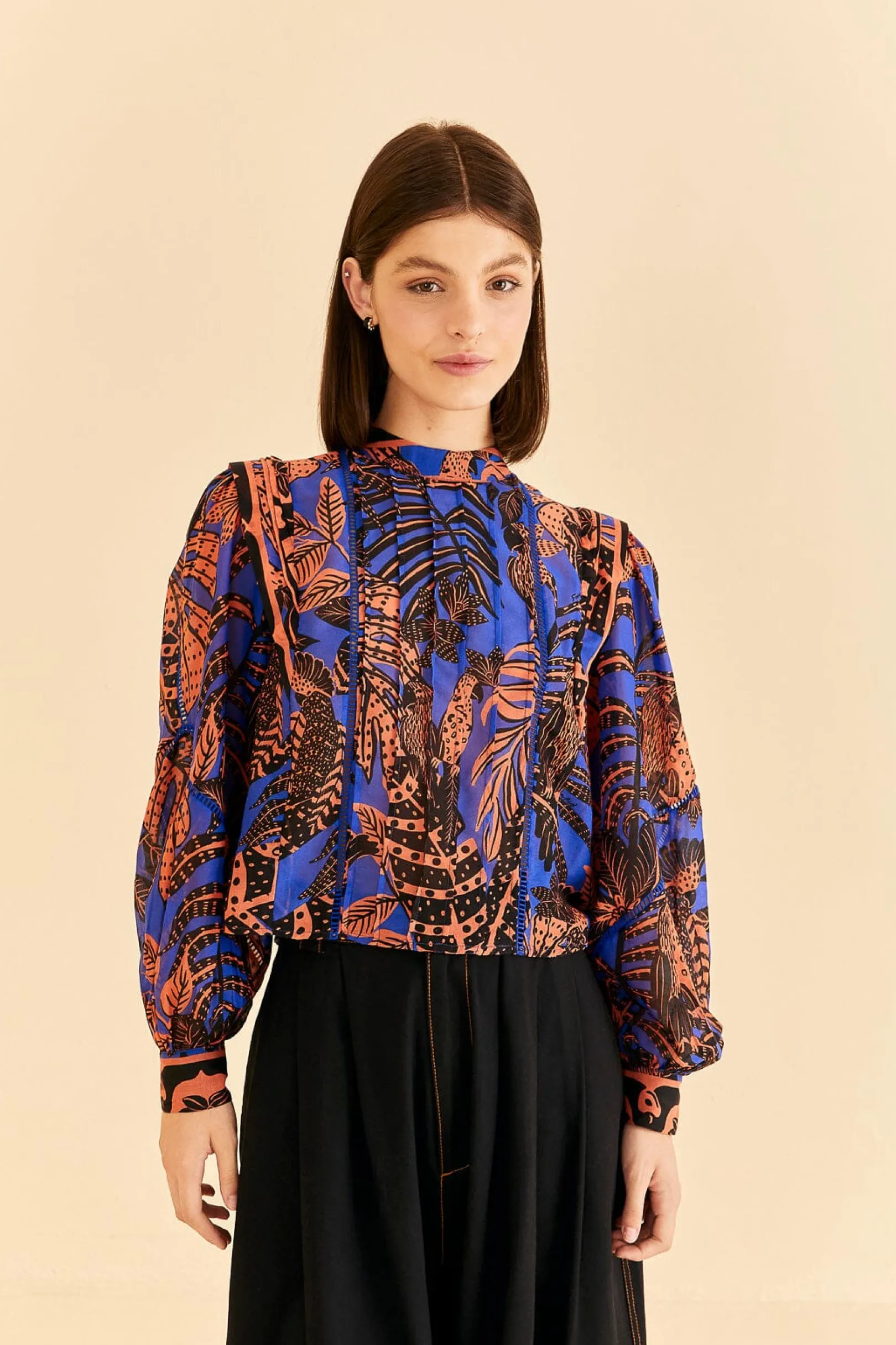 FARM Rio BLUE TROPICAL GOLD PLEATED LONG SLEEVE BLOUSE Sale