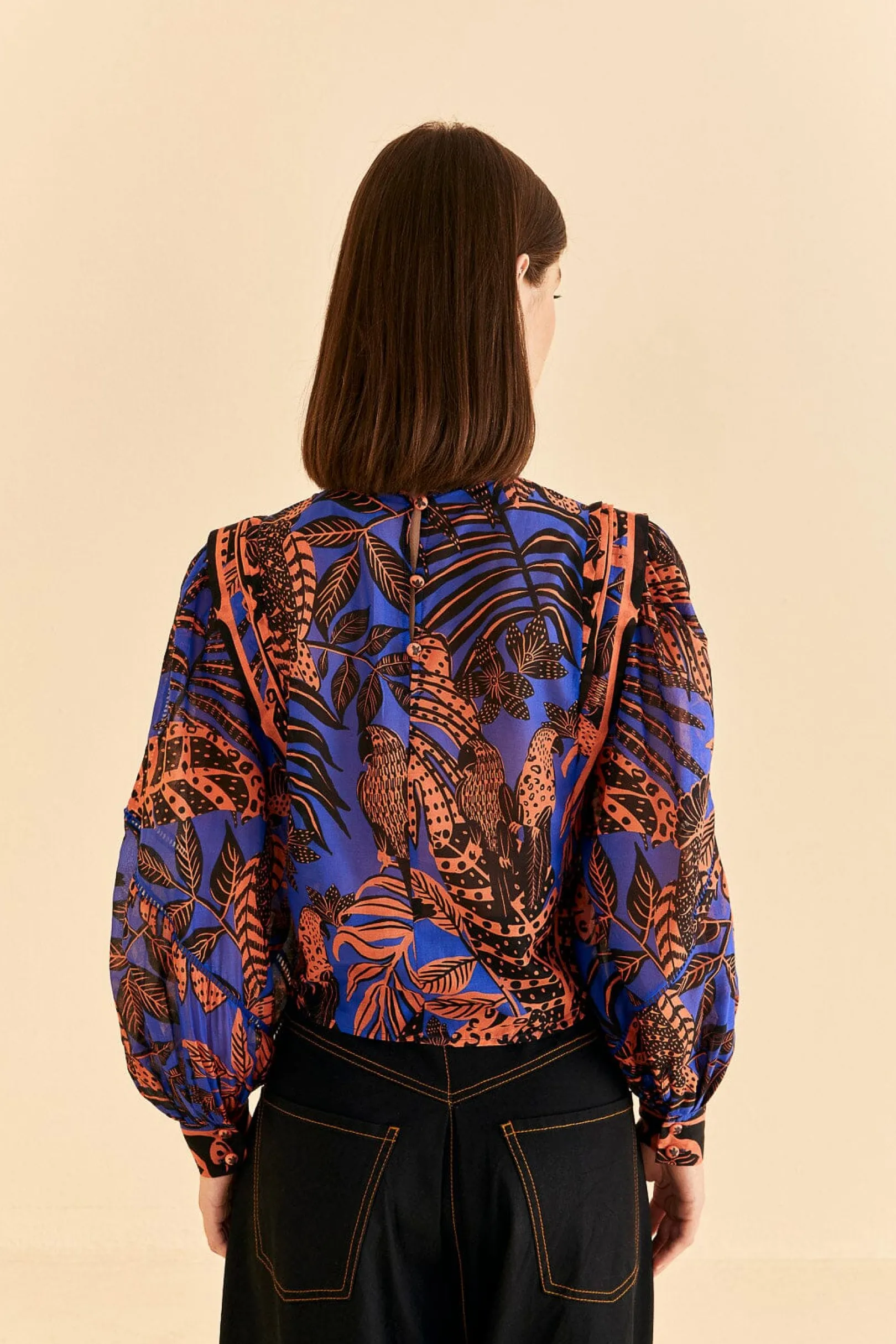 FARM Rio BLUE TROPICAL GOLD PLEATED LONG SLEEVE BLOUSE Sale