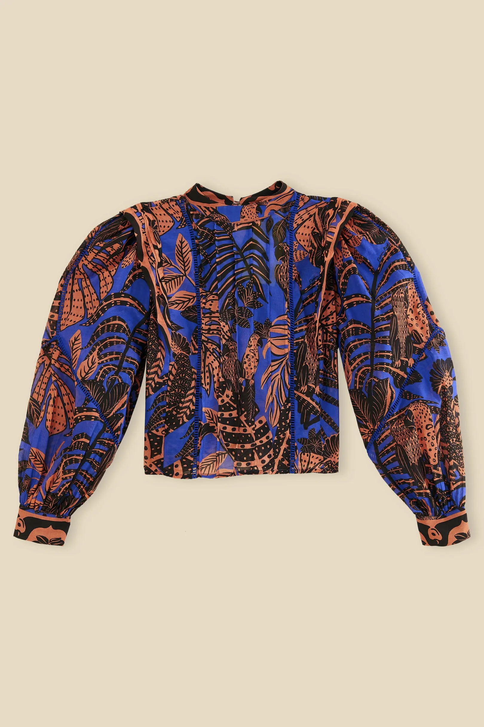 FARM Rio BLUE TROPICAL GOLD PLEATED LONG SLEEVE BLOUSE Sale