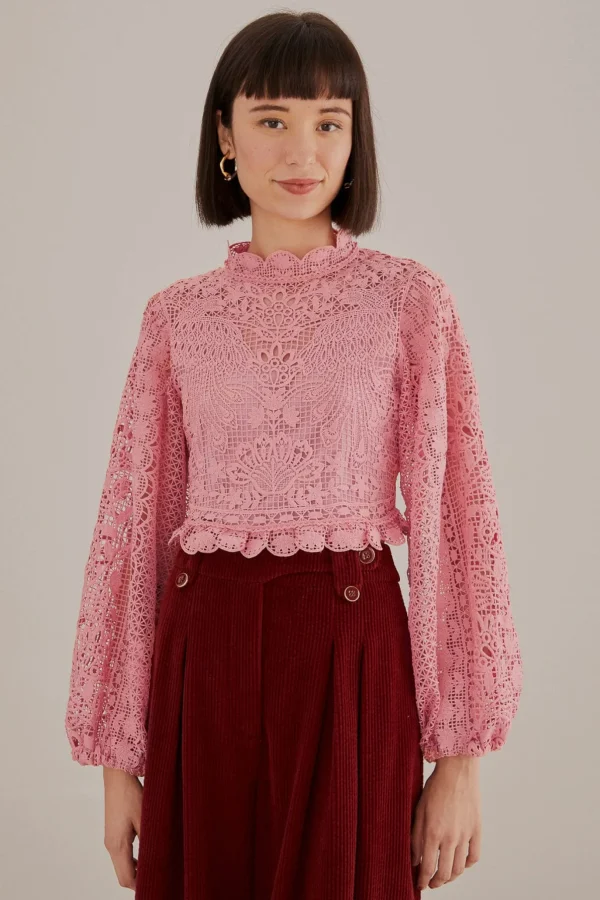 FARM Rio BLUSH PINK GUIPURE LONG SLEEVE BLOUSE Fashion