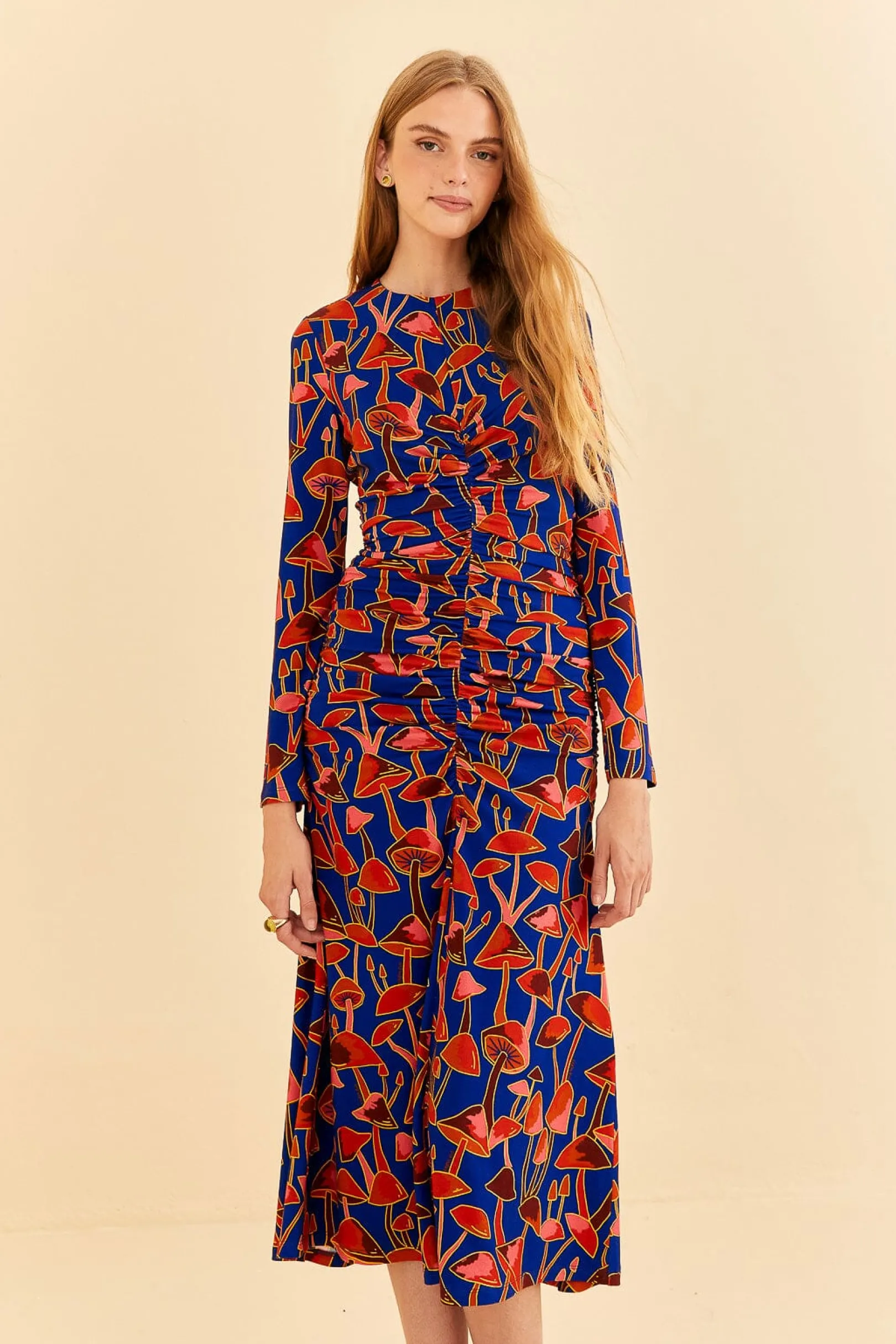 FARM Rio BRIGHT BLUE MUSHROOM SKETCH LENZING™ ECOVERO™ VISCOSE MIDI DRESS Cheap