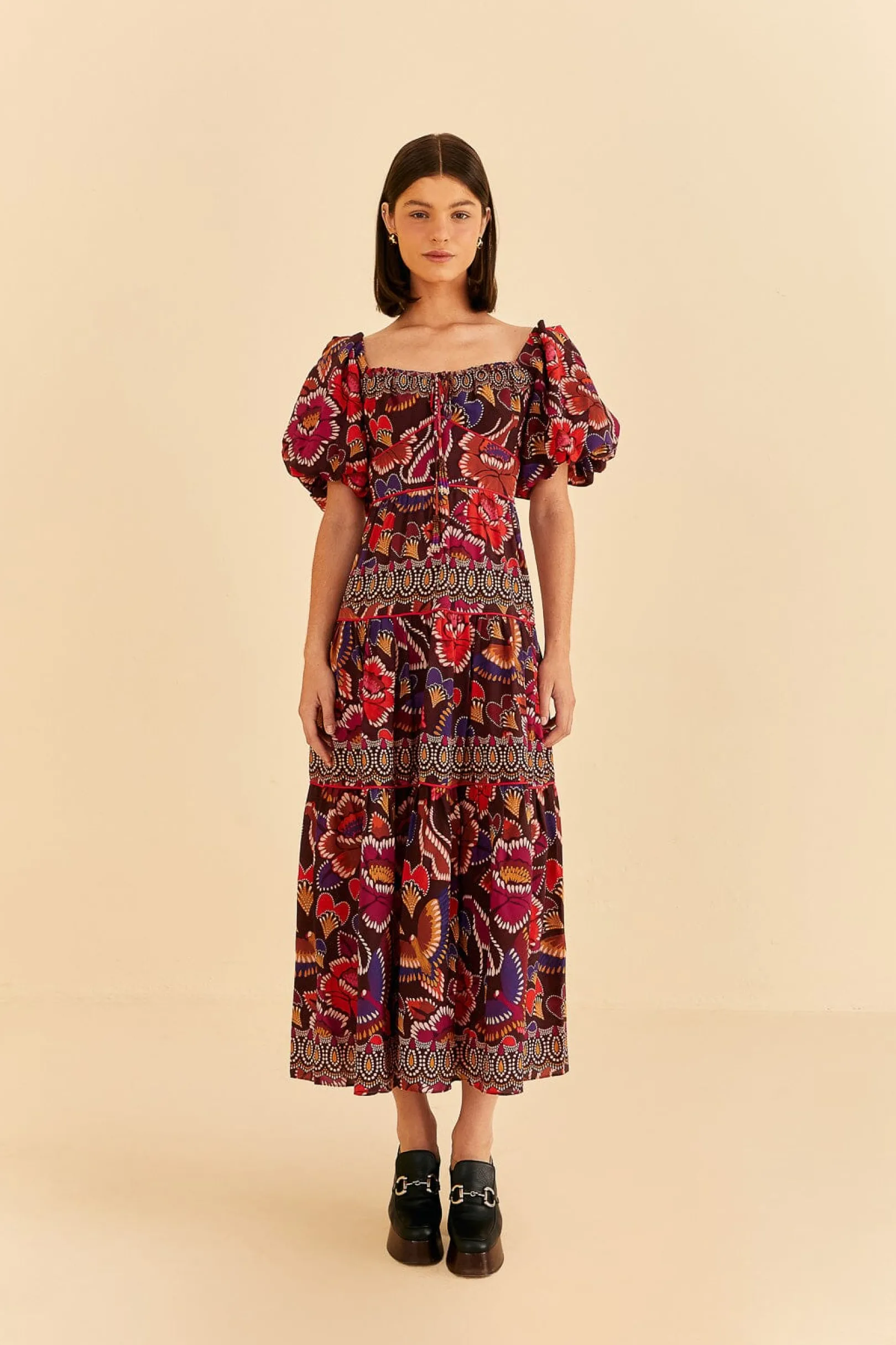 FARM Rio BROWN BRIGHT FLORA SHORT SLEEVE MIDI DRESS Discount