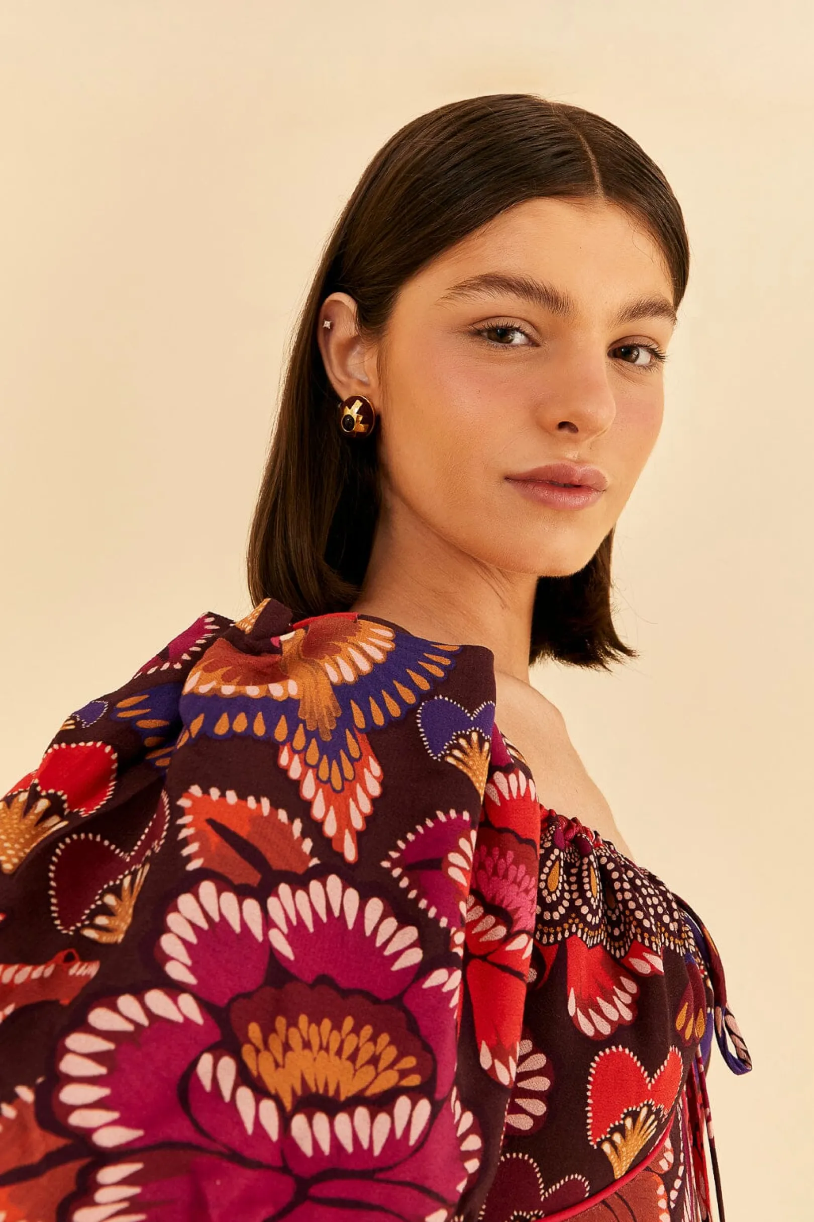 FARM Rio BROWN BRIGHT FLORA SHORT SLEEVE MIDI DRESS Discount