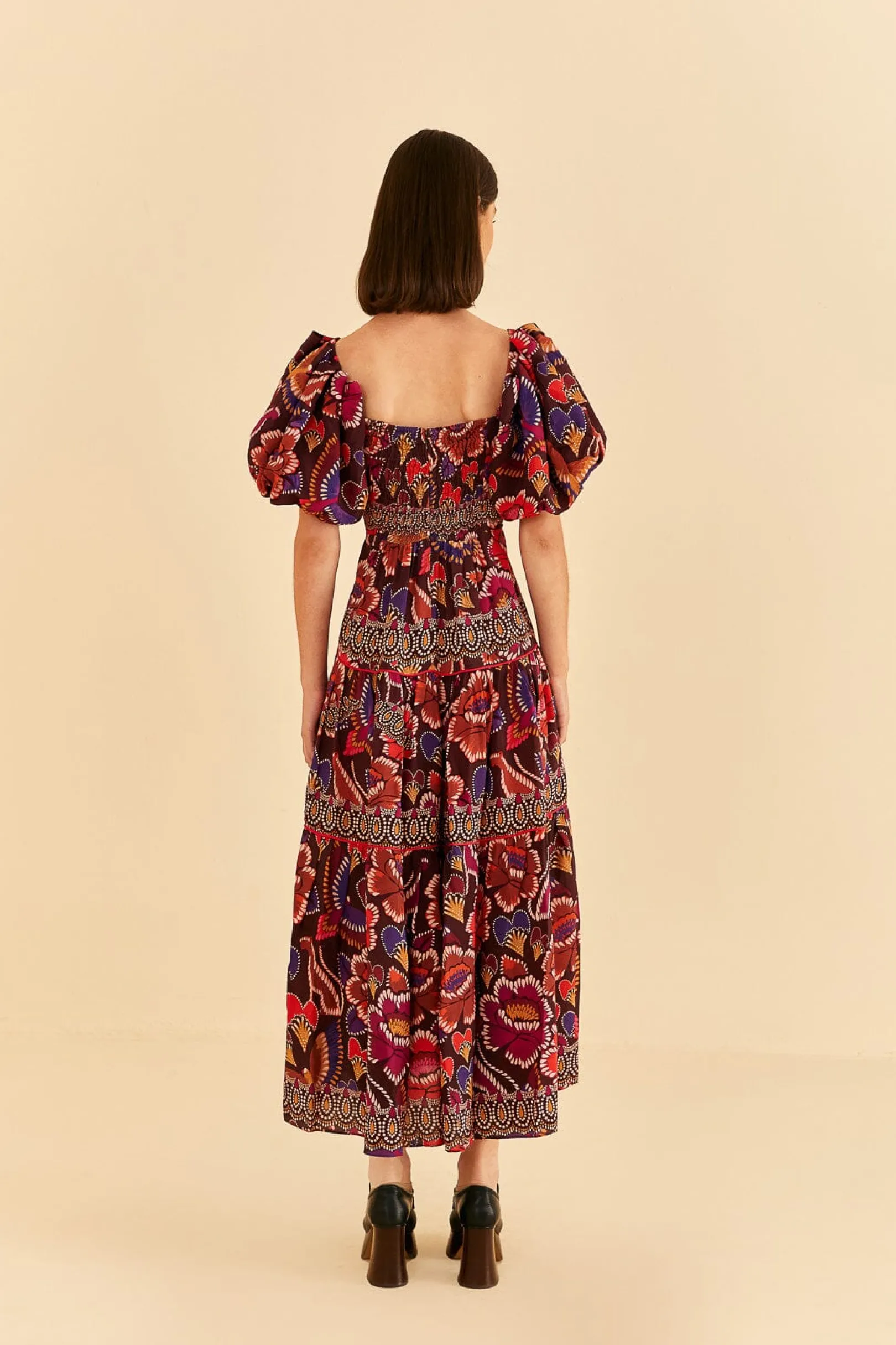 FARM Rio BROWN BRIGHT FLORA SHORT SLEEVE MIDI DRESS Discount