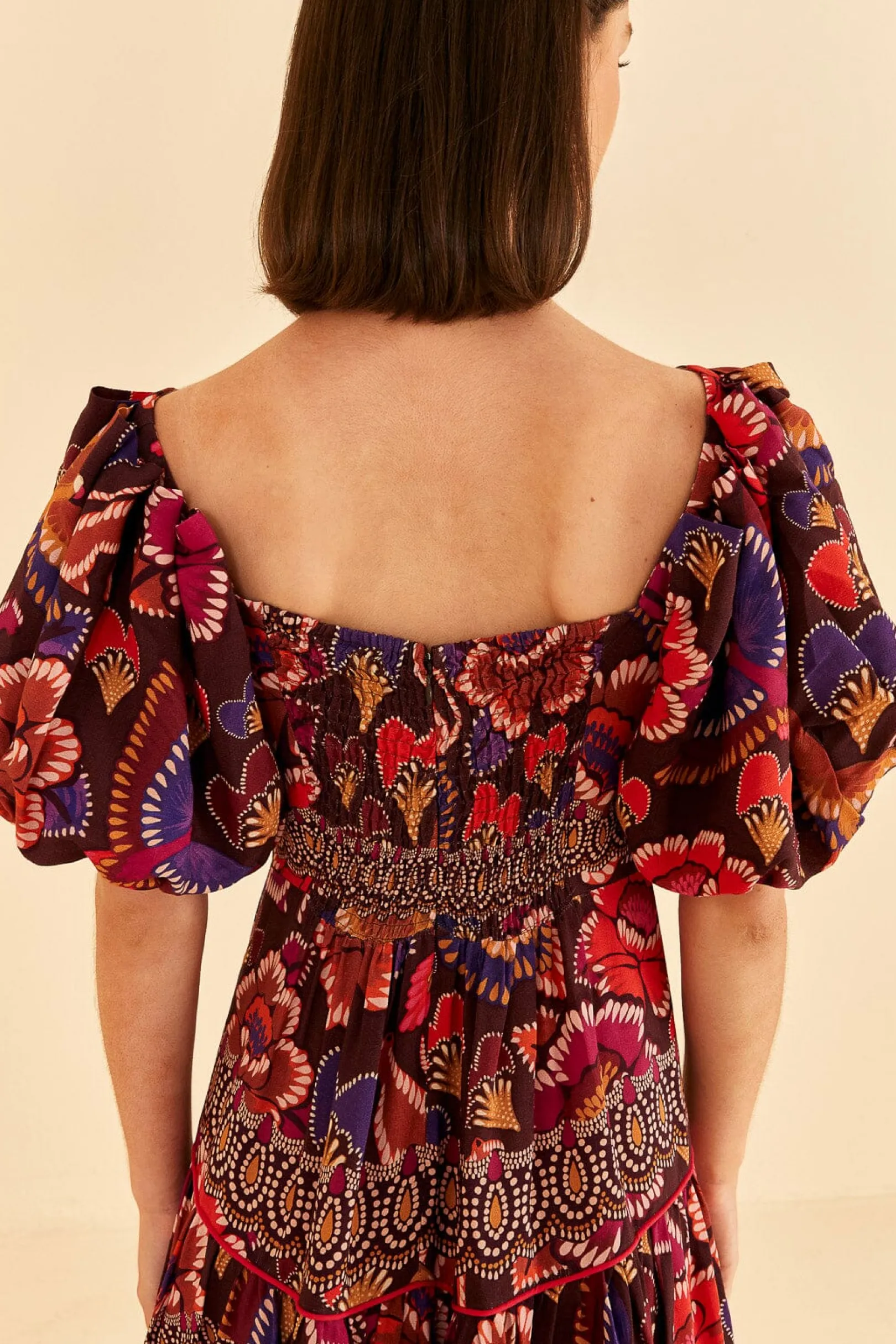 FARM Rio BROWN BRIGHT FLORA SHORT SLEEVE MIDI DRESS Discount