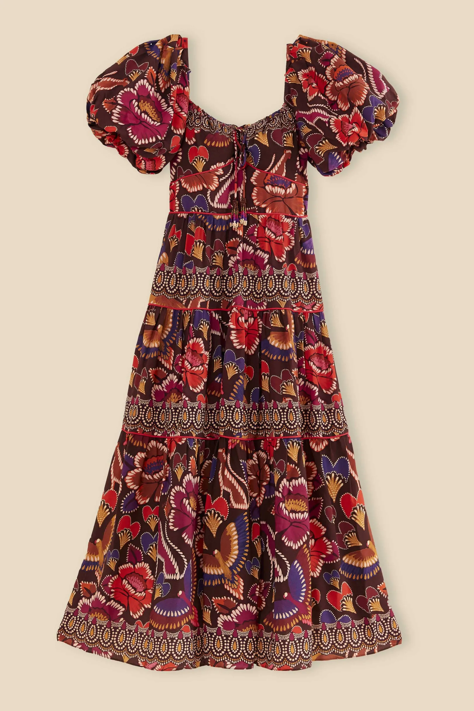 FARM Rio BROWN BRIGHT FLORA SHORT SLEEVE MIDI DRESS Discount