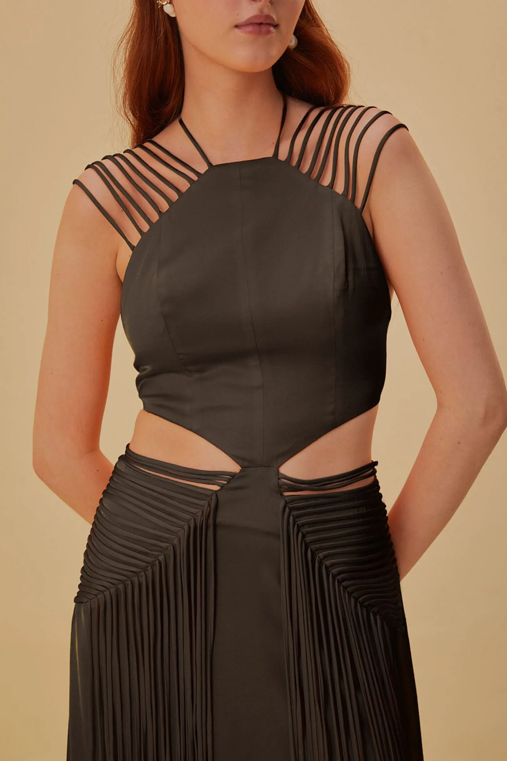 FARM Rio BROWN FRINGED SLEEVELESS MIDI DRESS Hot
