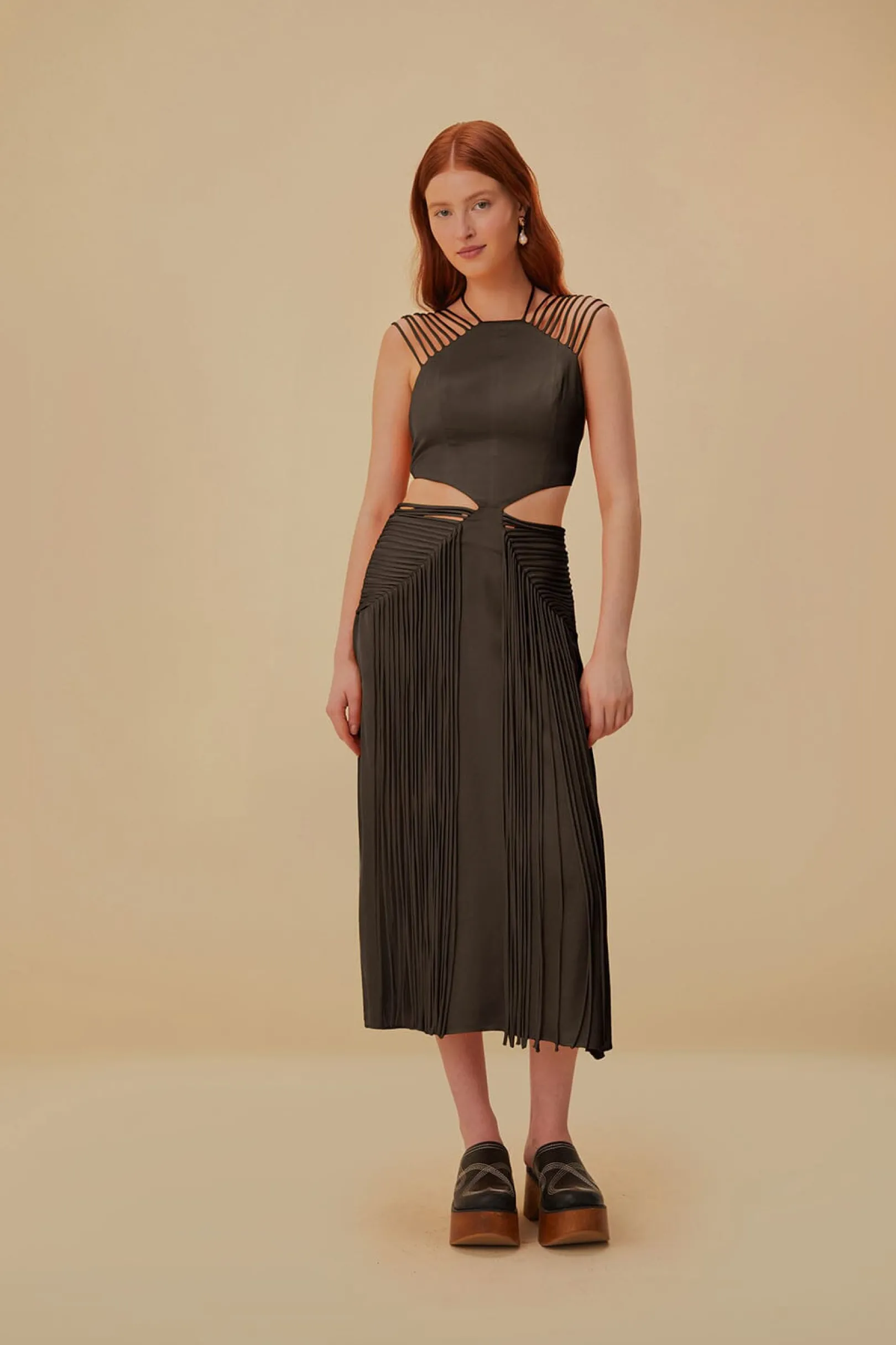 FARM Rio BROWN FRINGED SLEEVELESS MIDI DRESS Hot