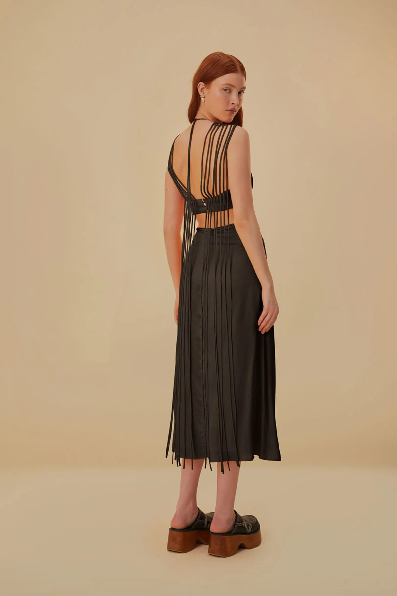 FARM Rio BROWN FRINGED SLEEVELESS MIDI DRESS Hot