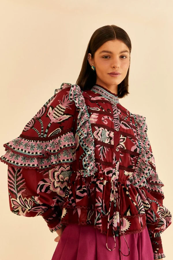 FARM Rio BURGUNDY PINEAPPLE INSPIRATION RUFFLE BLOUSE Cheap