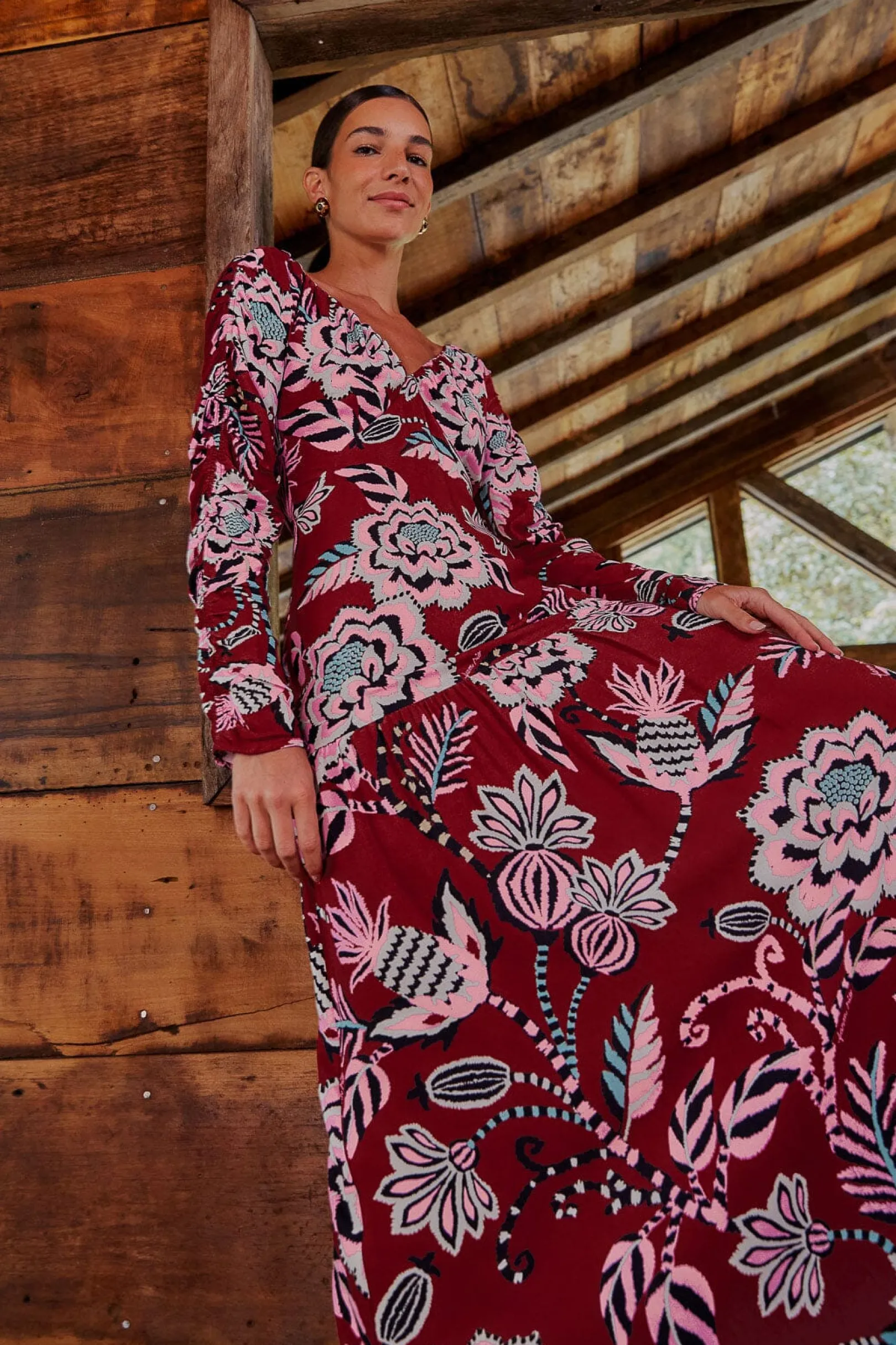 FARM Rio BURGUNDY PINEAPPLE INSPIRATION V NECK MAXI DRESS Clearance