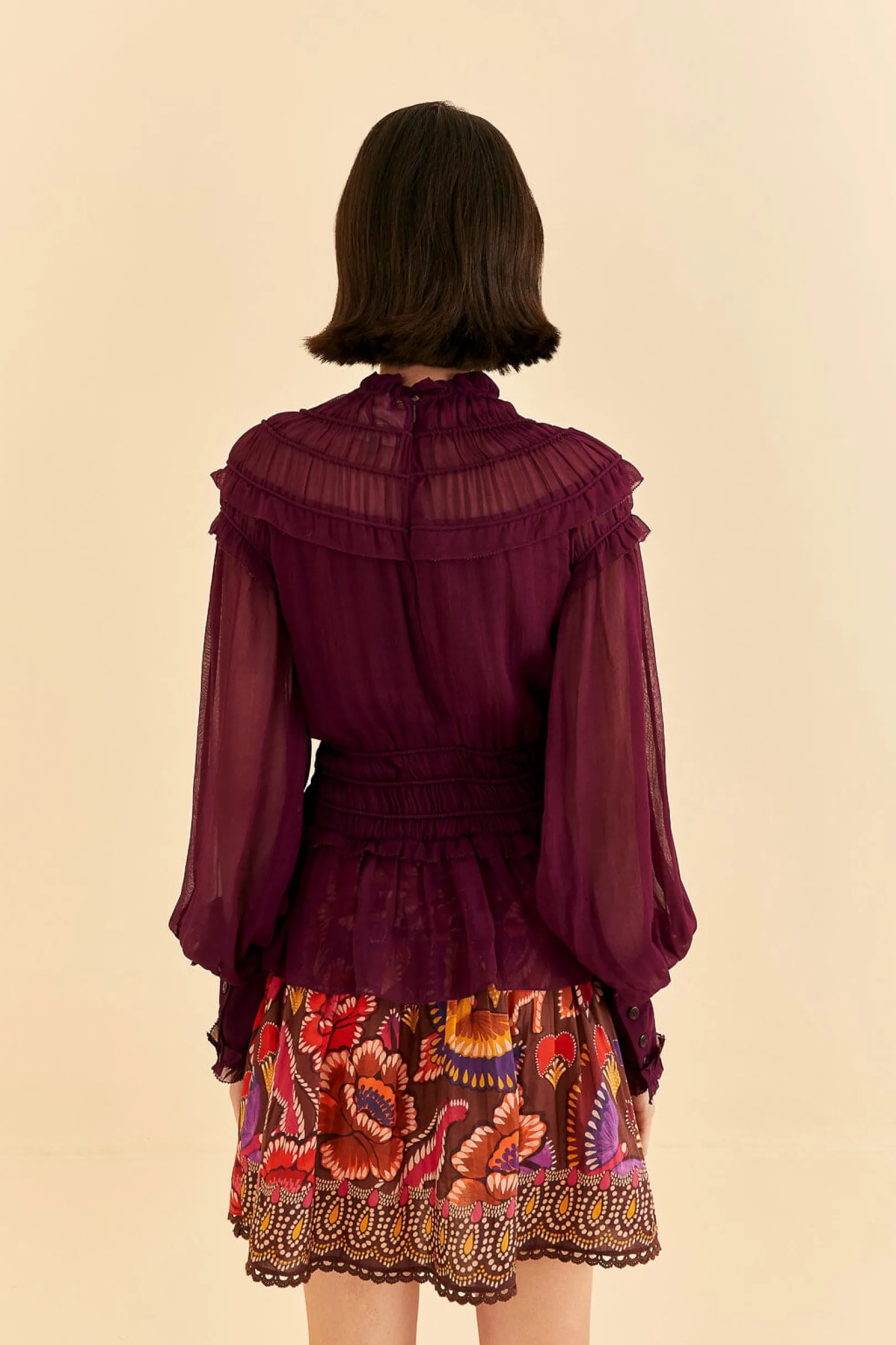 FARM Rio BURGUNDY RUFFLE HIGH NECK BLOUSE Best