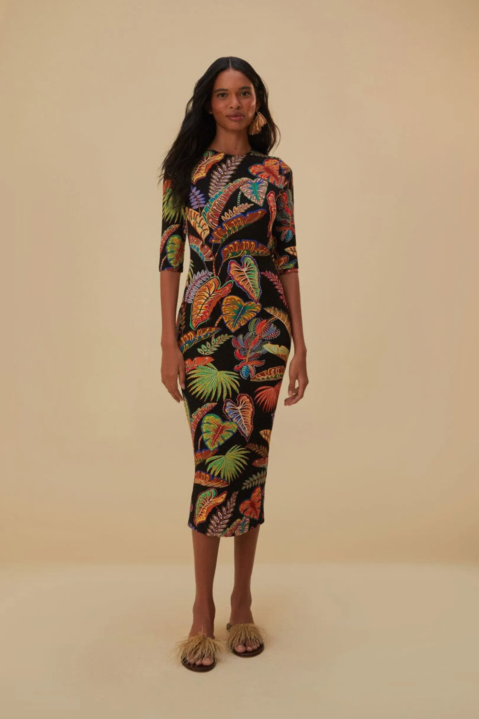 FARM Rio COOL FOLIAGE BLACK JERSEY MIDI DRESS Discount