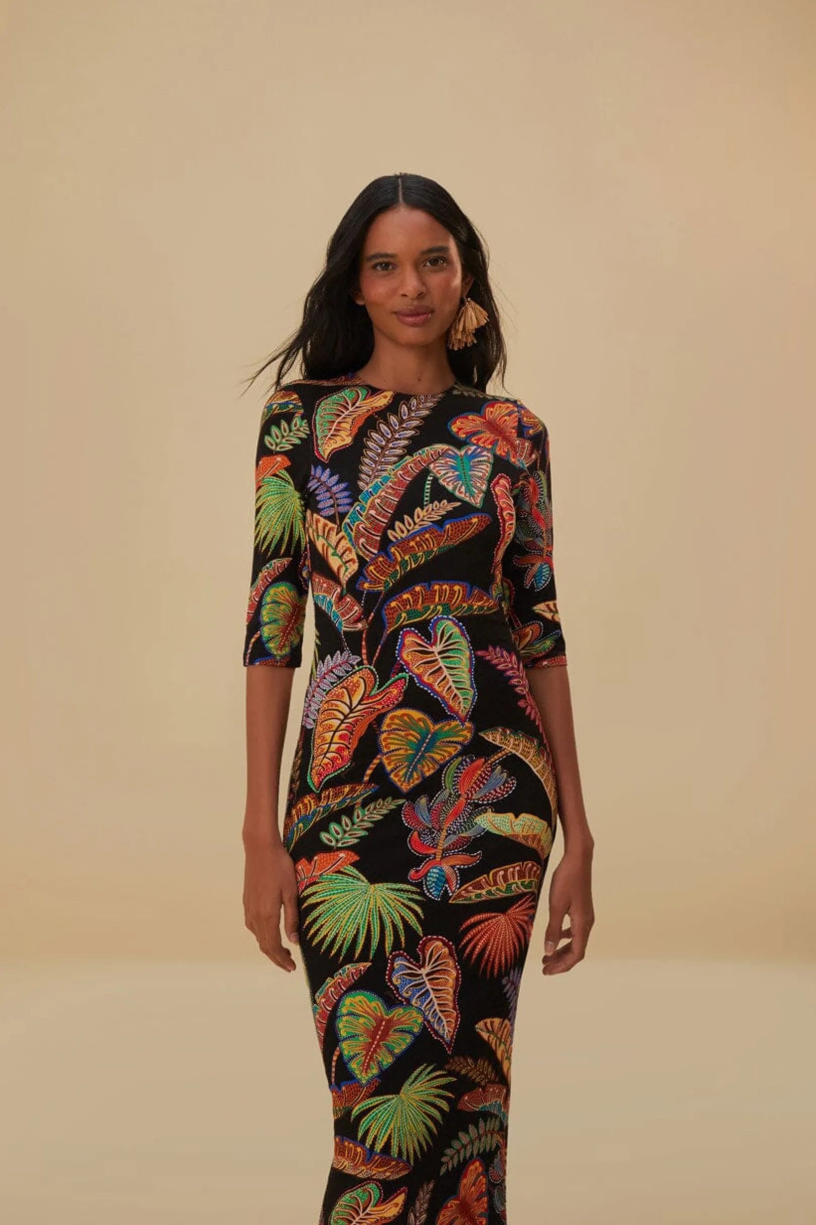 FARM Rio COOL FOLIAGE BLACK JERSEY MIDI DRESS Discount