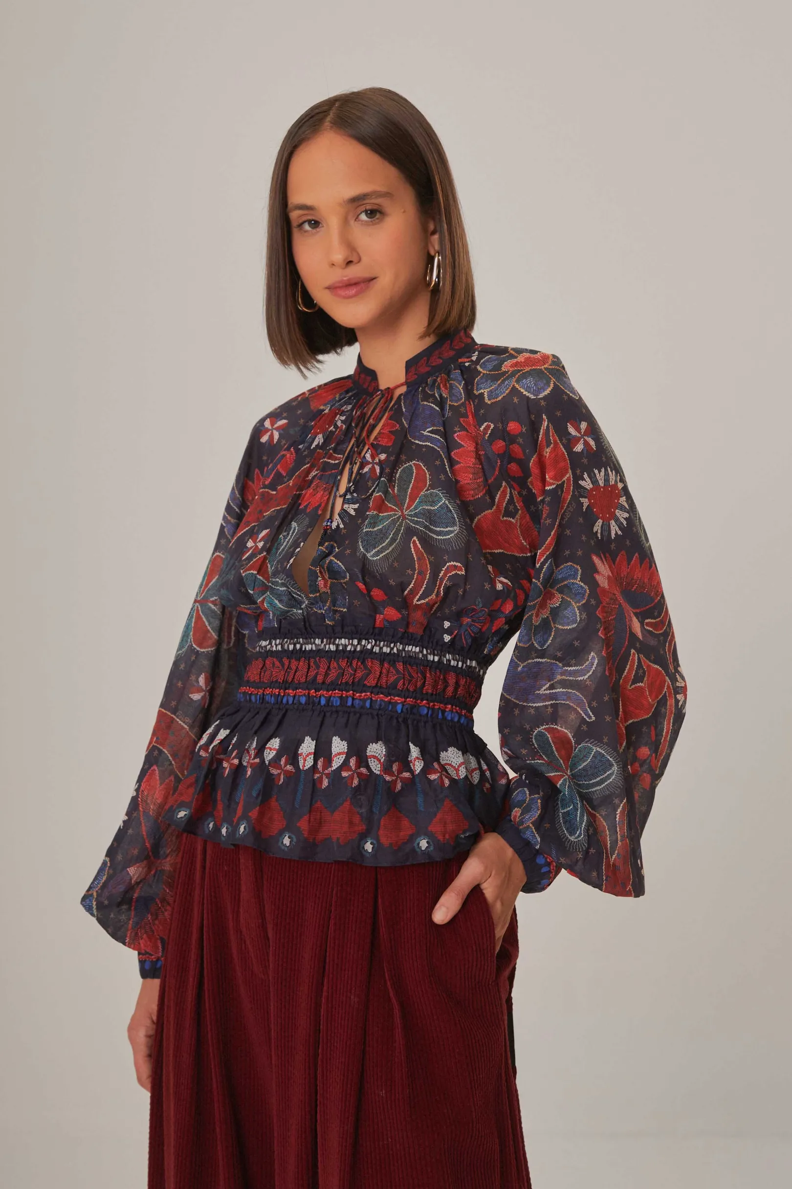FARM Rio DARK BLUE TROPICAL SHINE V NECK BLOUSE Fashion