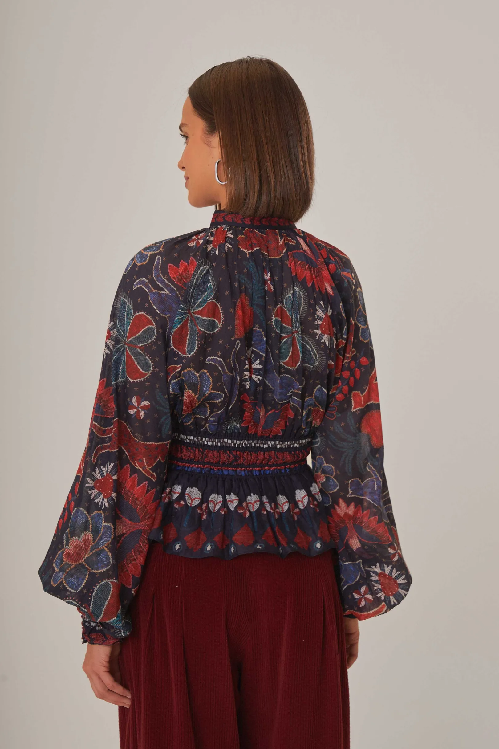 FARM Rio DARK BLUE TROPICAL SHINE V NECK BLOUSE Fashion