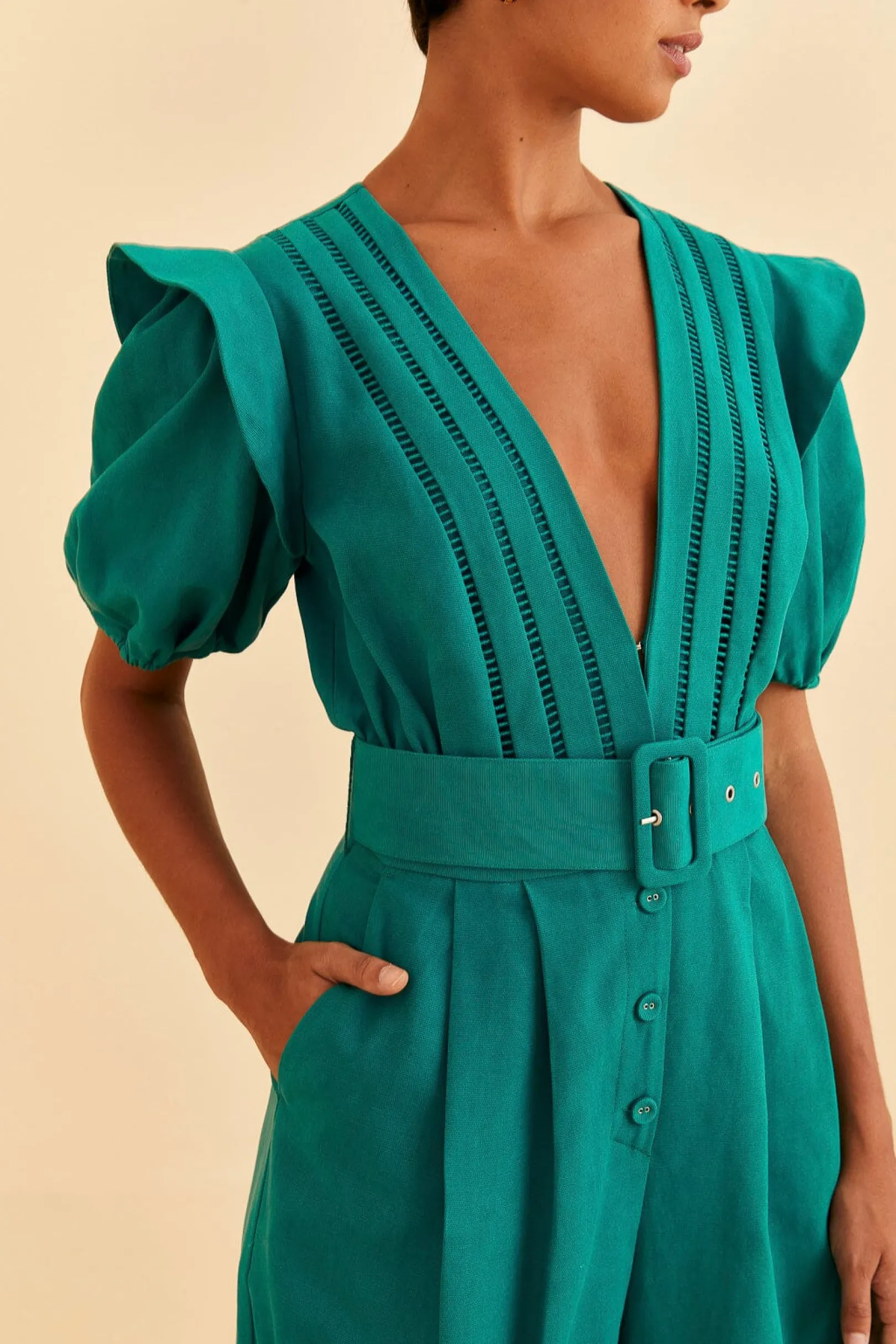 FARM Rio EMERALD PLEATED SHORT SLEEVE JUMPSUIT Cheap