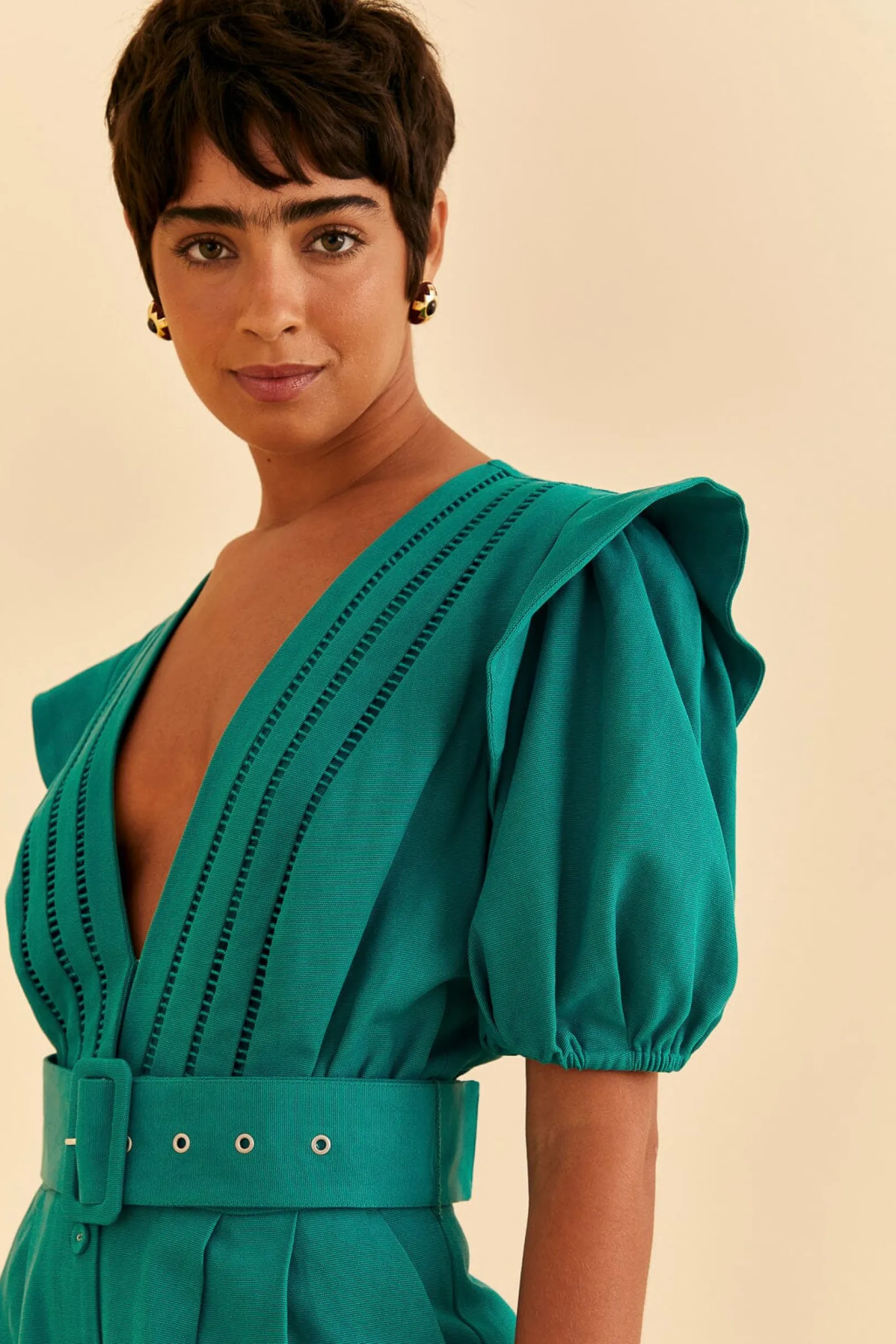 FARM Rio EMERALD PLEATED SHORT SLEEVE JUMPSUIT Cheap