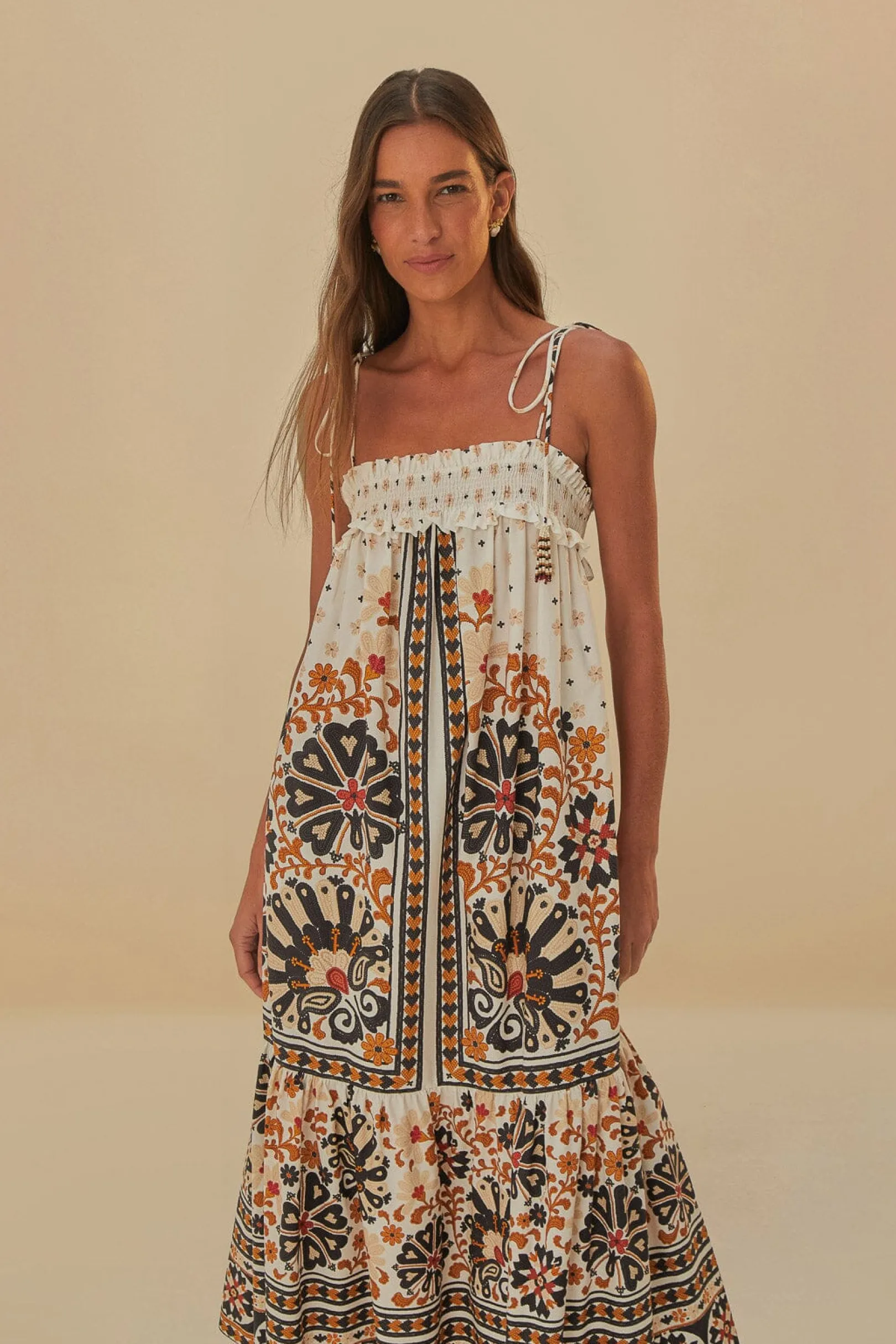 FARM Rio FLOWER FAN TAPESTRY OFF-WHITE MIDI DRESS Online