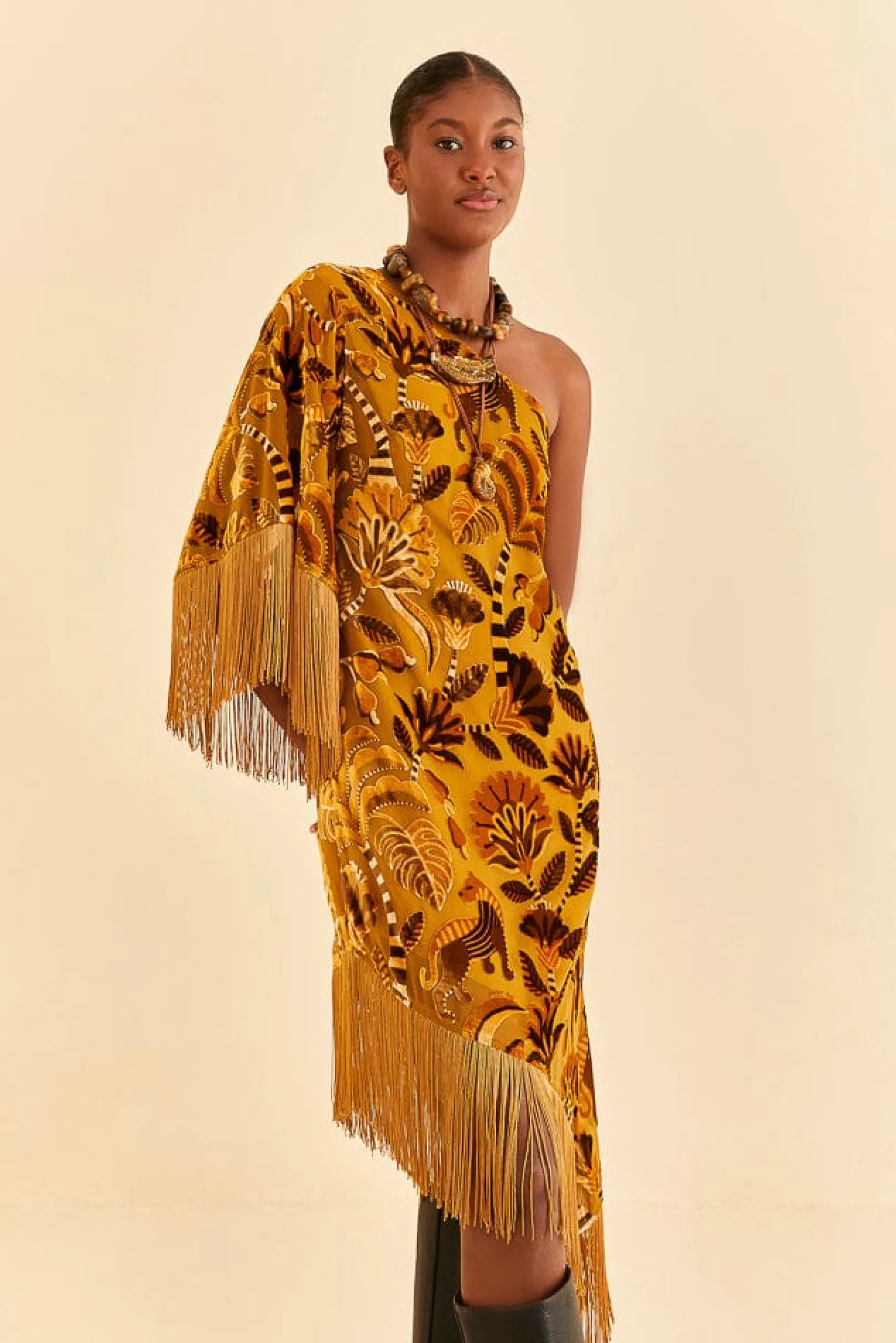 FARM Rio GOLDEN YELLOW VELVET ONE SHOULDER FRINGE DRESS New