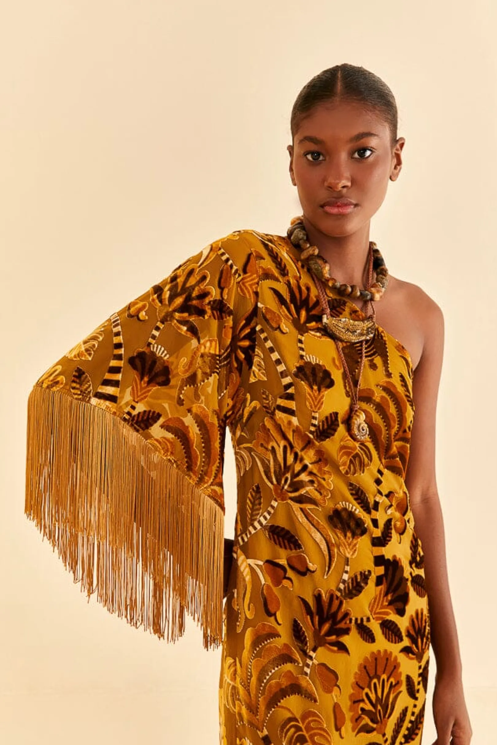 FARM Rio GOLDEN YELLOW VELVET ONE SHOULDER FRINGE DRESS New