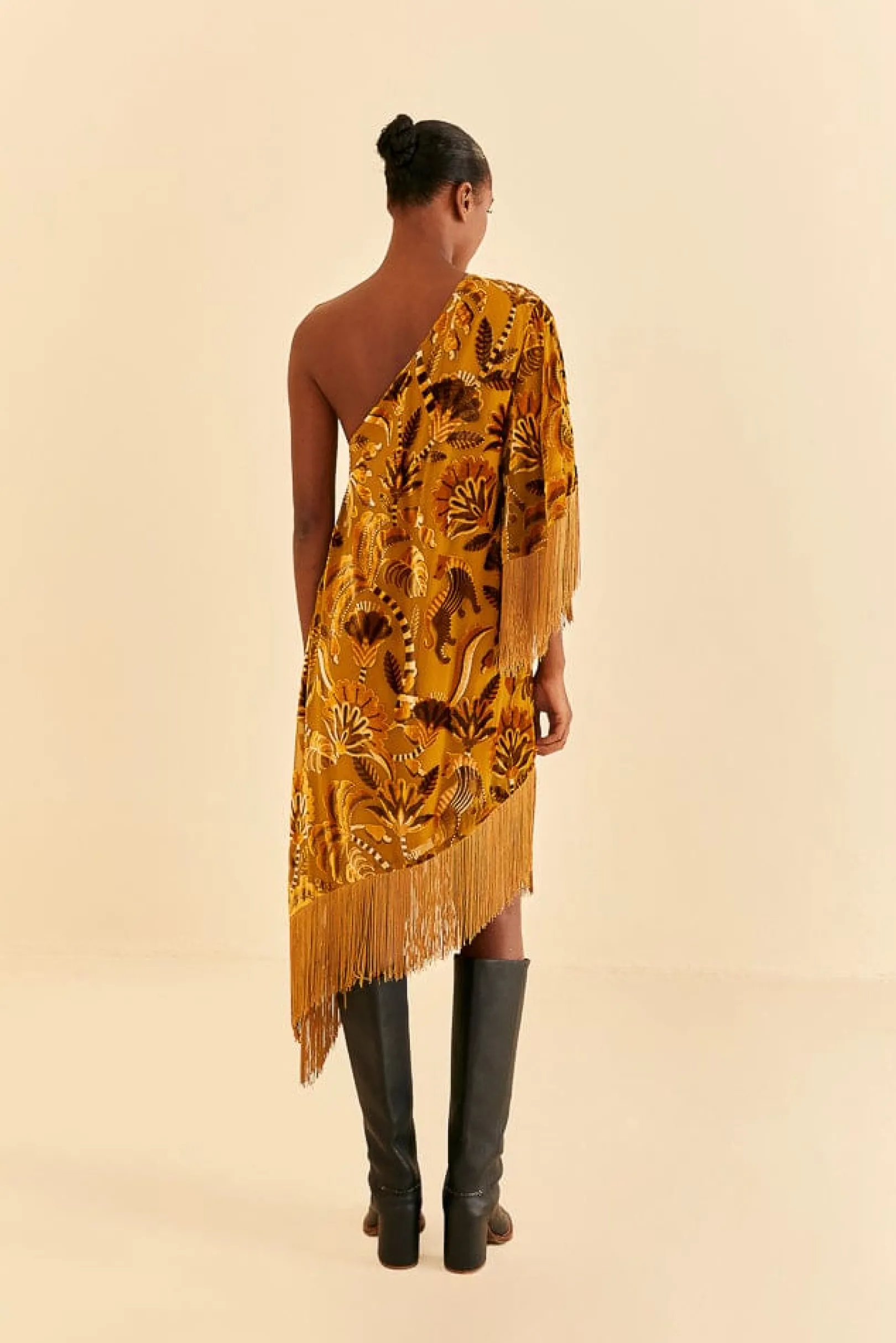FARM Rio GOLDEN YELLOW VELVET ONE SHOULDER FRINGE DRESS New