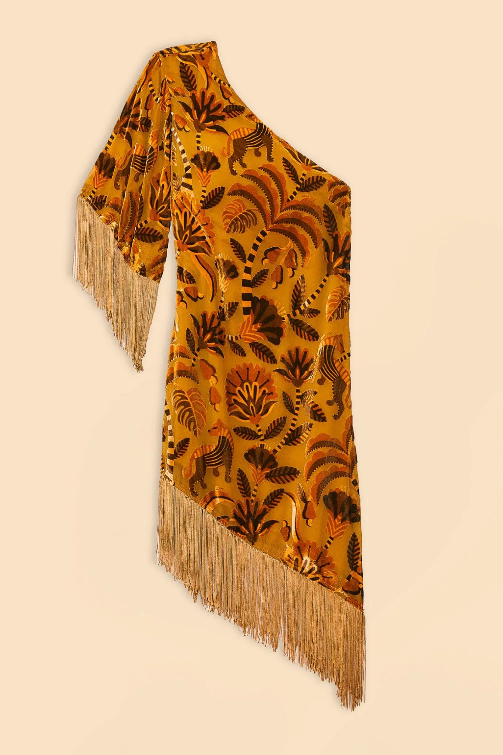 FARM Rio GOLDEN YELLOW VELVET ONE SHOULDER FRINGE DRESS New