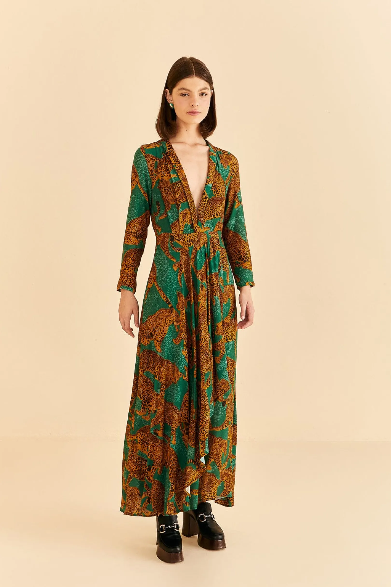 FARM Rio GREEN ARTSY LEOPARDS LONG SLEEVE MAXI DRESS Best