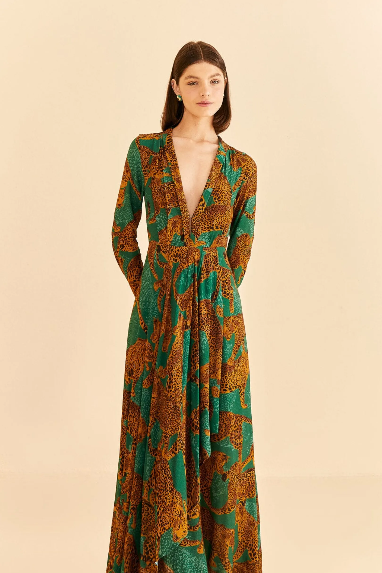 FARM Rio GREEN ARTSY LEOPARDS LONG SLEEVE MAXI DRESS Best