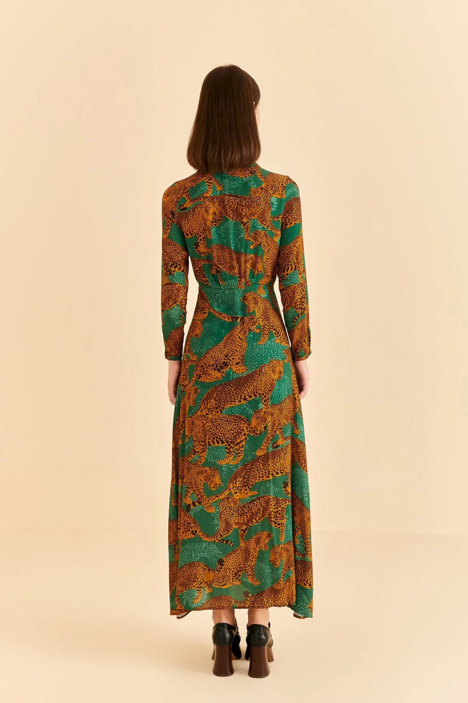 FARM Rio GREEN ARTSY LEOPARDS LONG SLEEVE MAXI DRESS Best