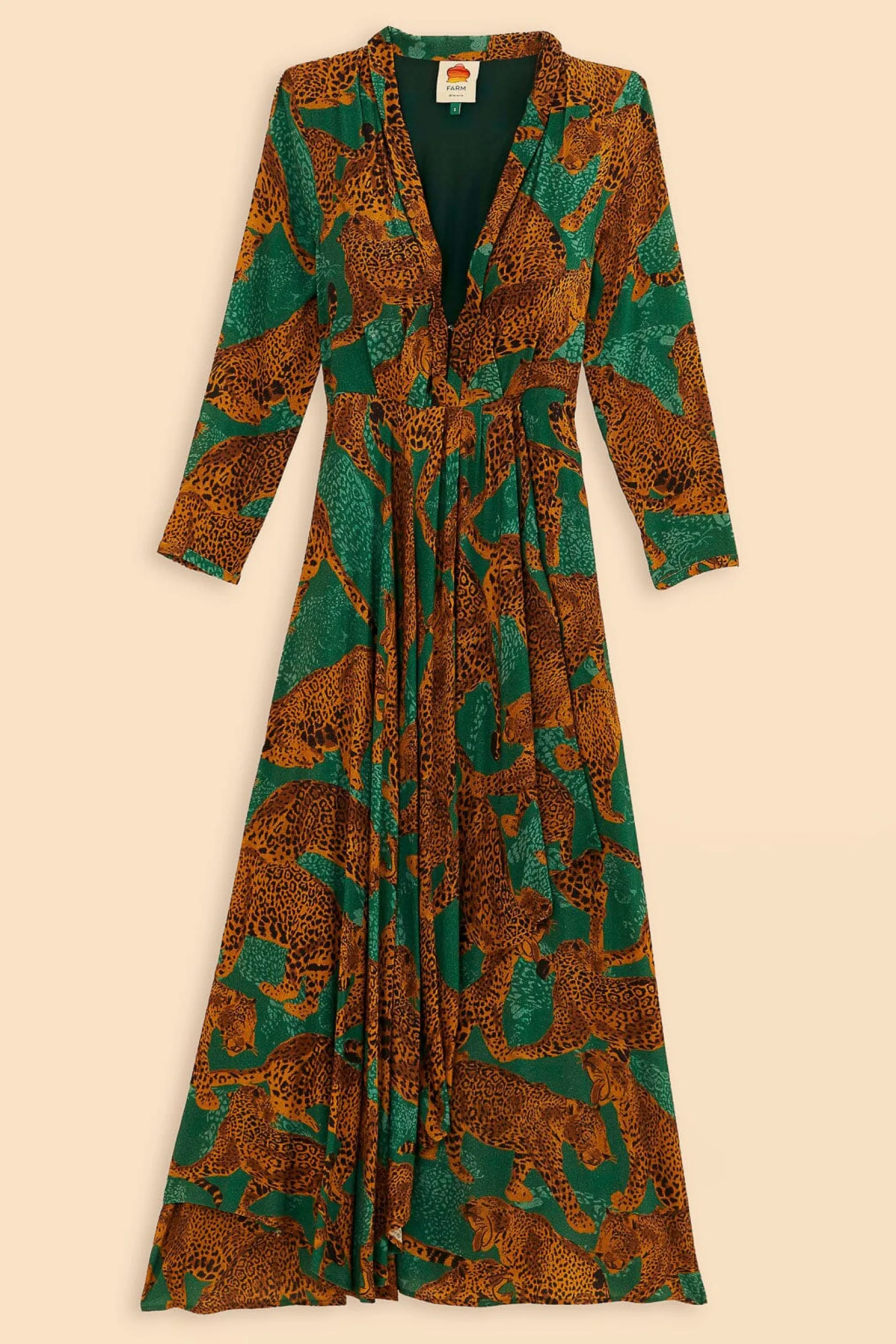 FARM Rio GREEN ARTSY LEOPARDS LONG SLEEVE MAXI DRESS Best