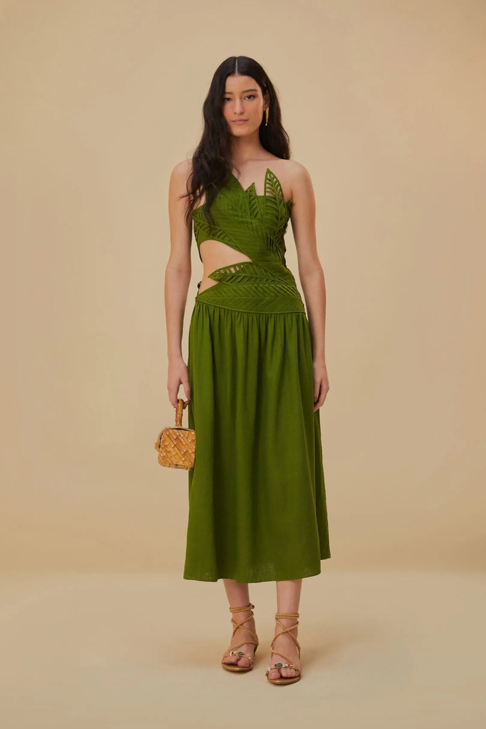 FARM Rio GREEN LEAVES CUT OUT MIDI DRESS Clearance