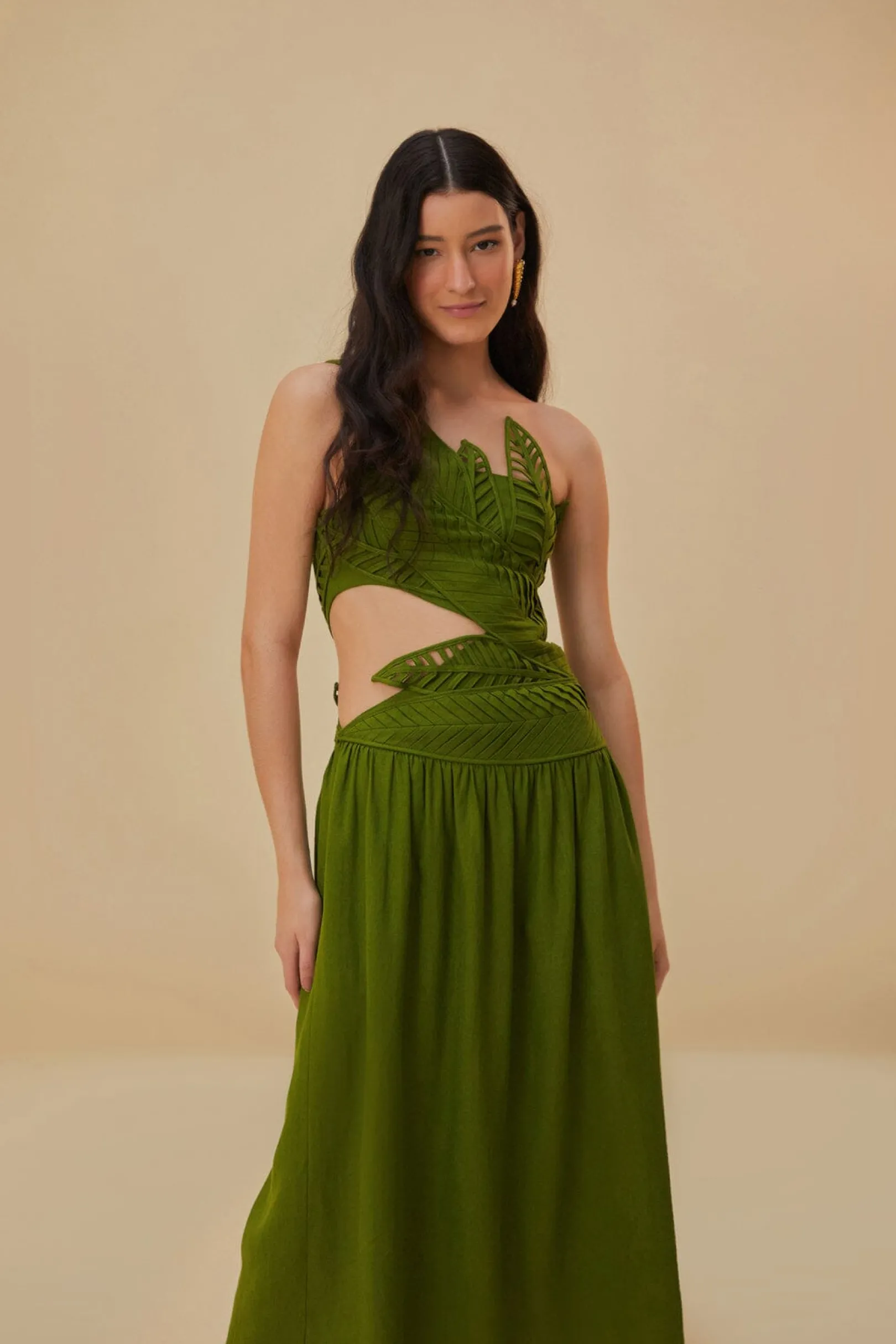 FARM Rio GREEN LEAVES CUT OUT MIDI DRESS Clearance
