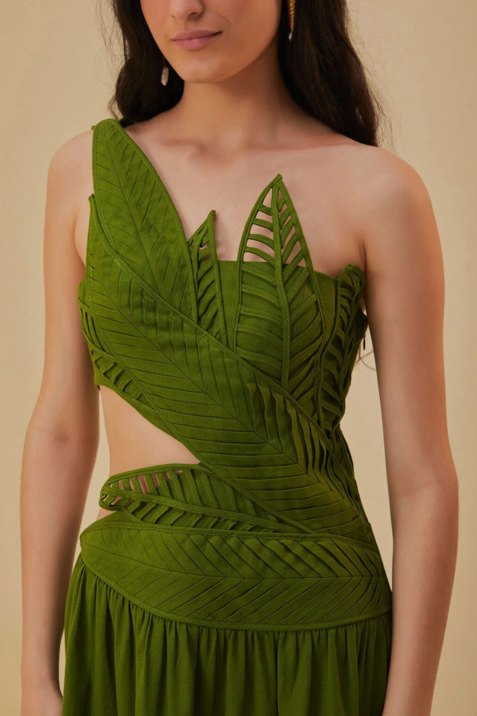 FARM Rio GREEN LEAVES CUT OUT MIDI DRESS Clearance