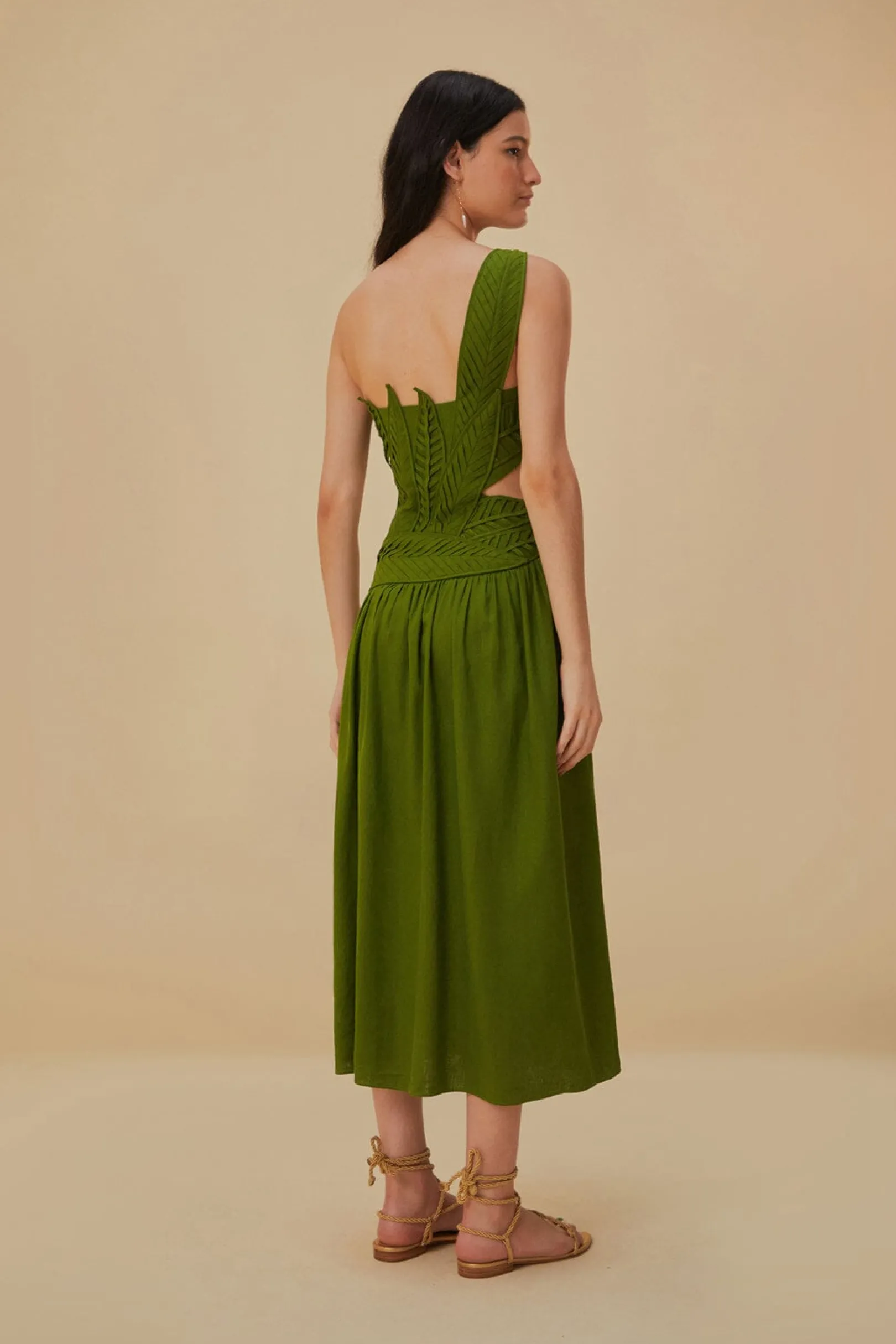 FARM Rio GREEN LEAVES CUT OUT MIDI DRESS Clearance