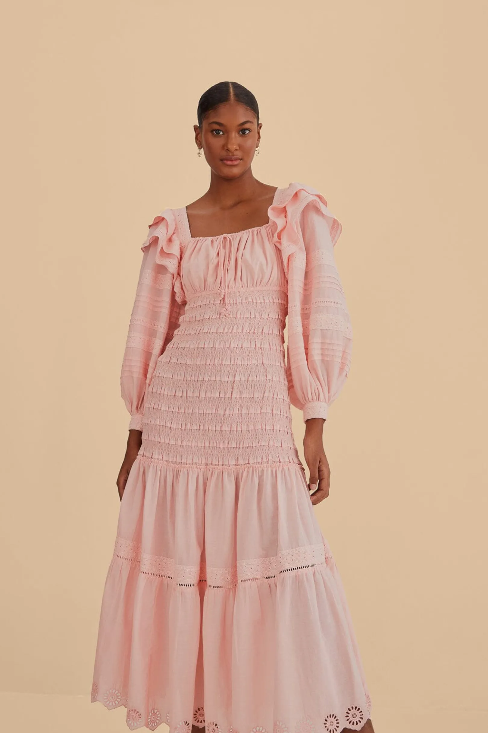 FARM Rio LIGHT PINK LONG SLEEVE SMOCKED MIDI DRESS Shop