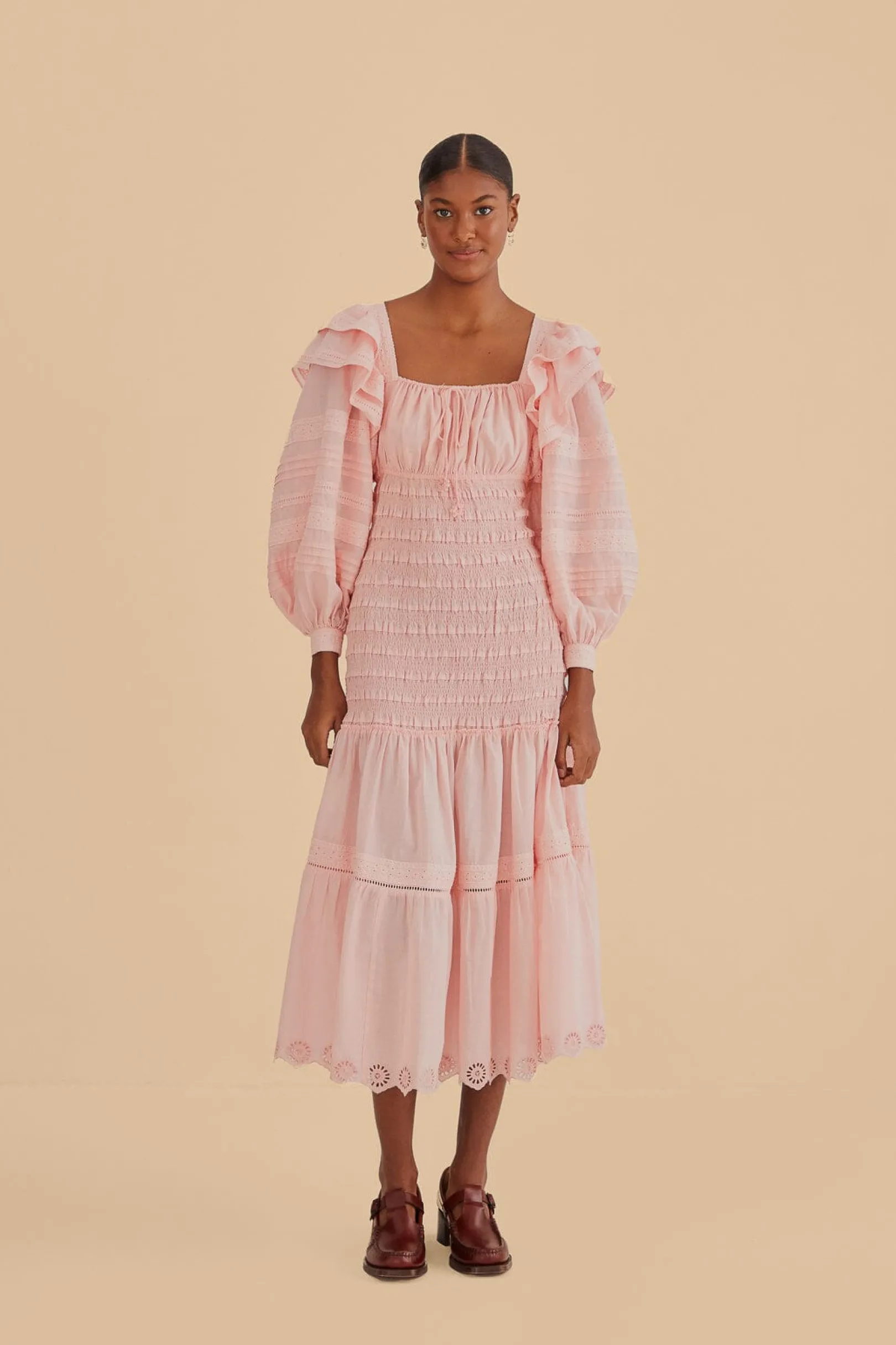 FARM Rio LIGHT PINK LONG SLEEVE SMOCKED MIDI DRESS Shop