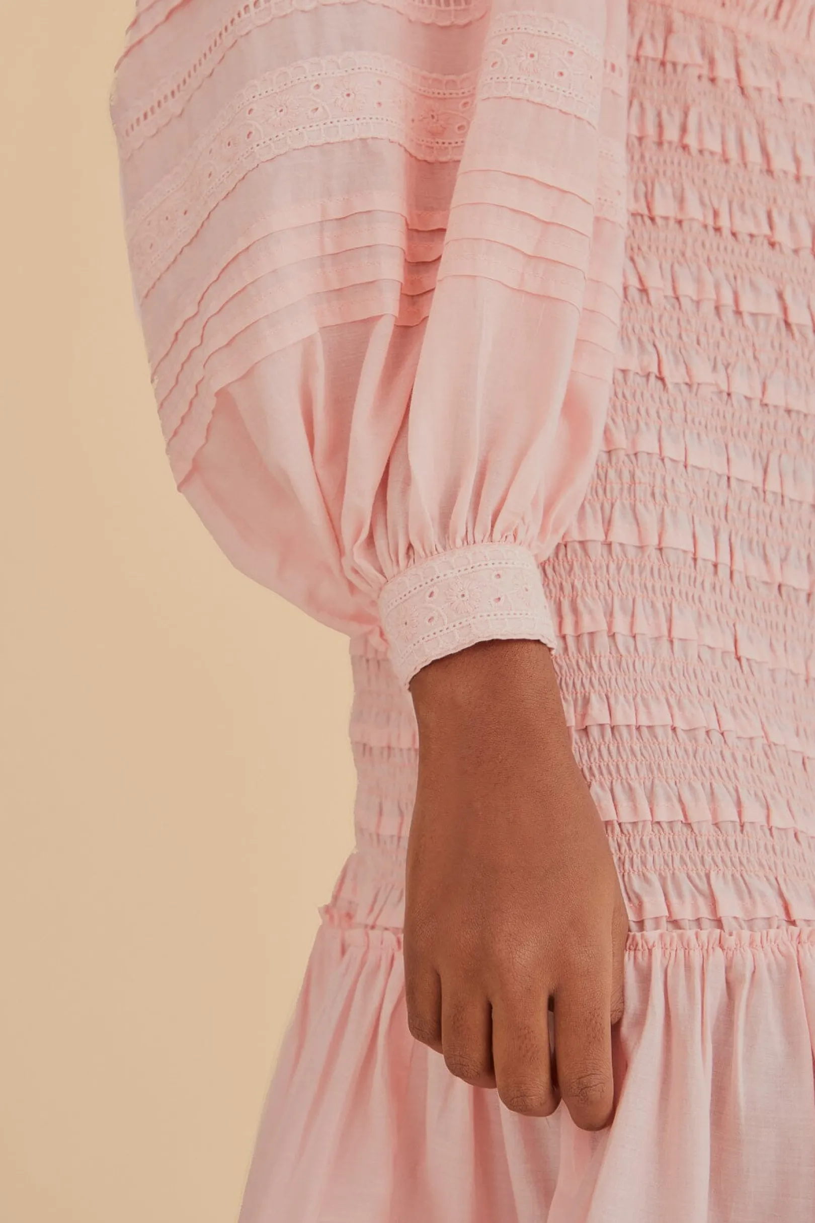 FARM Rio LIGHT PINK LONG SLEEVE SMOCKED MIDI DRESS Shop
