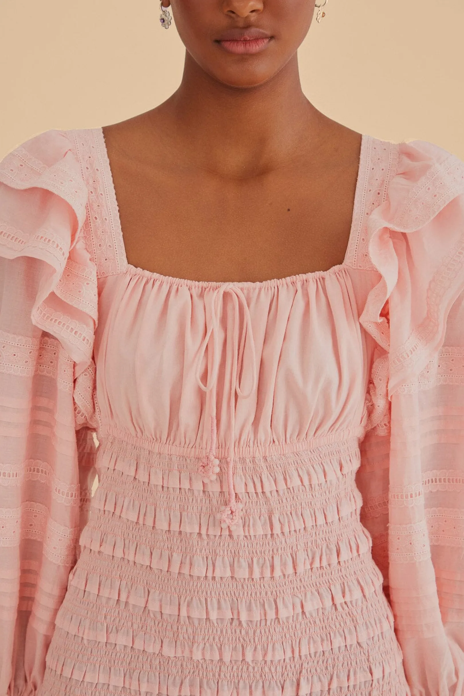 FARM Rio LIGHT PINK LONG SLEEVE SMOCKED MIDI DRESS Shop